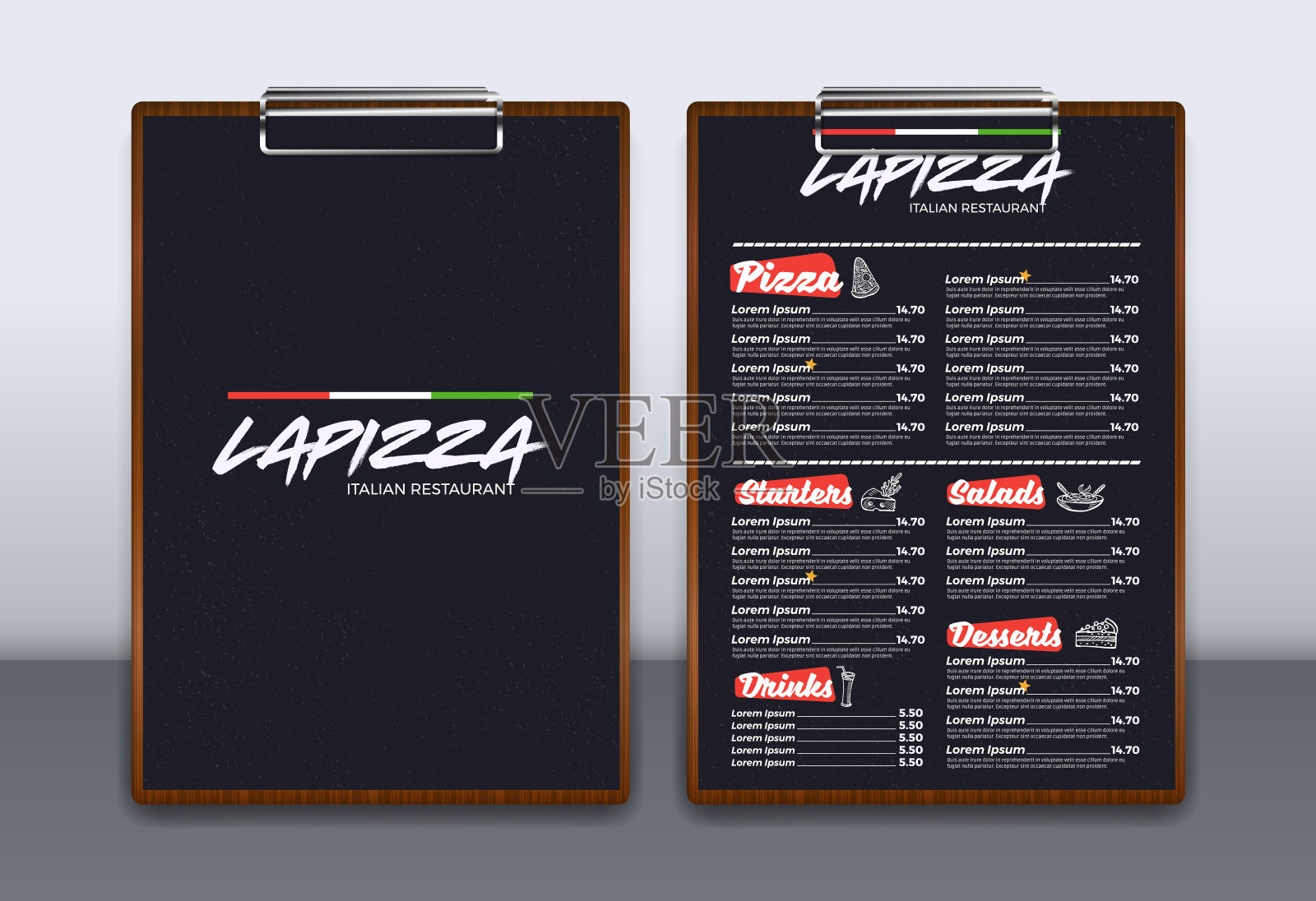 餐厅菜单与木制剪贴板矢量插图插画图片素材