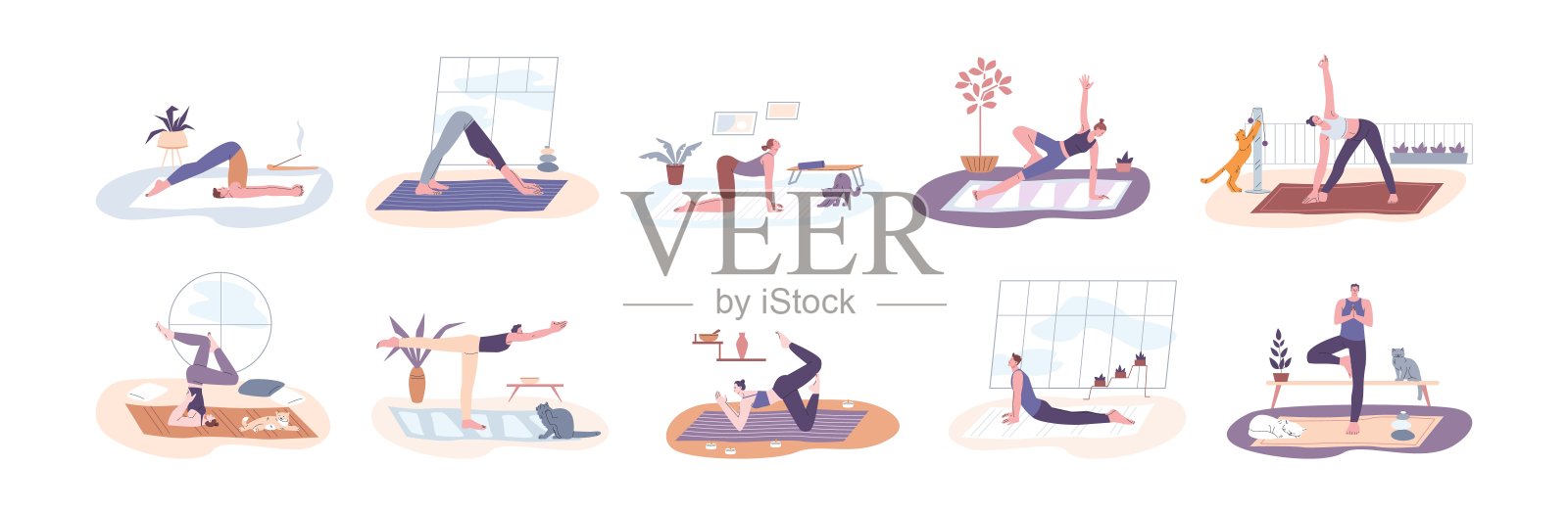 快乐瑜伽练习，在家锻炼。有趣的有氧运动和猫，不同的男人女人普拉提和伸展腿。早上运动的矢量场景插画图片素材