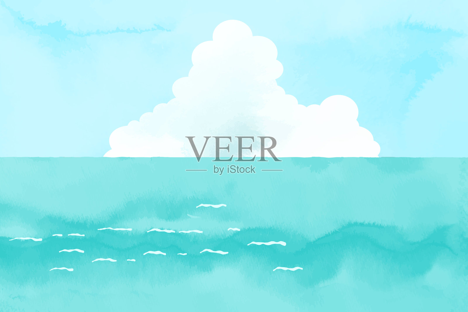 水彩风格的积云和海的插图。插画图片素材