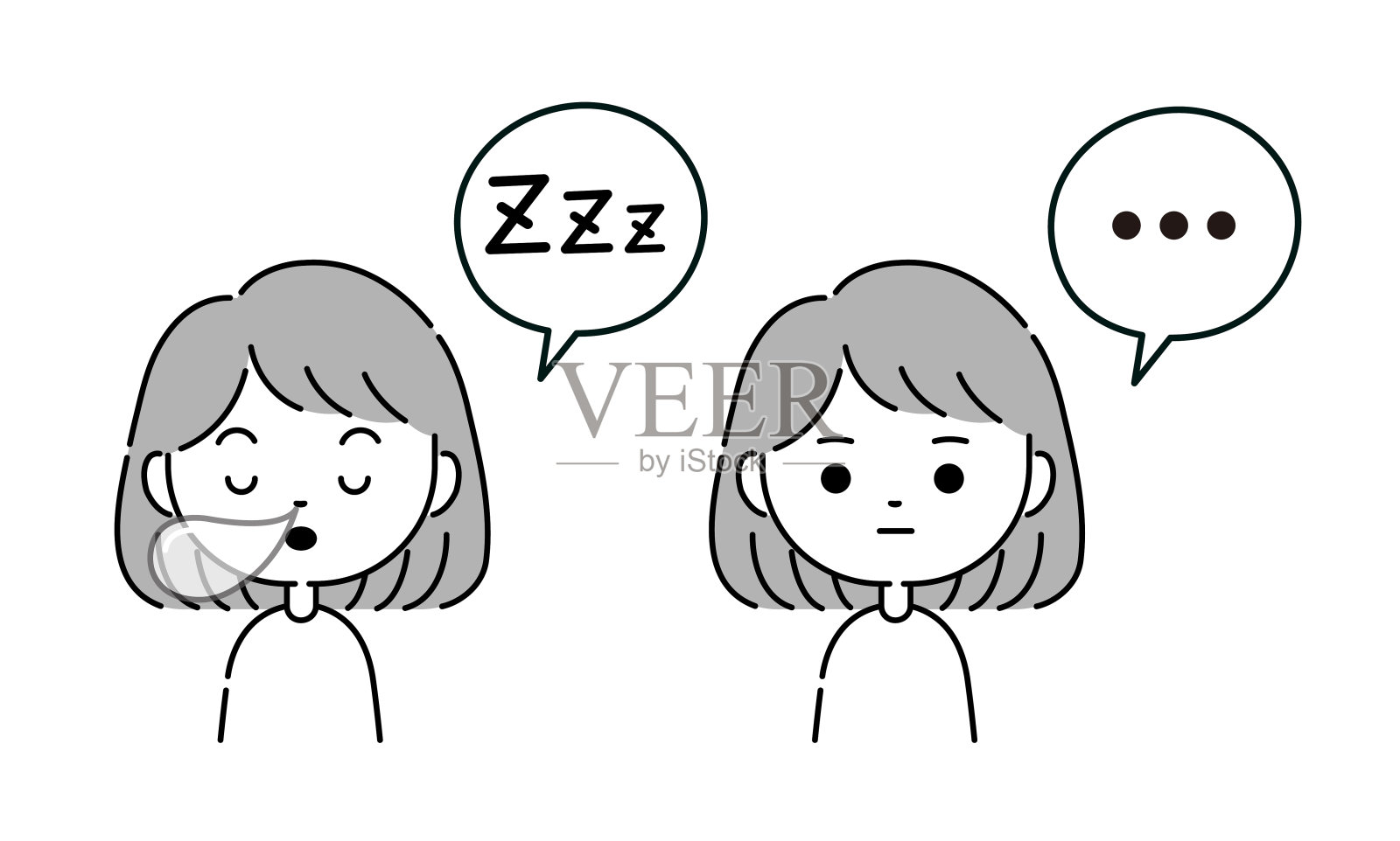 表情插图一个女人的睡眠和沉默与讲话泡沫单色插画图片素材