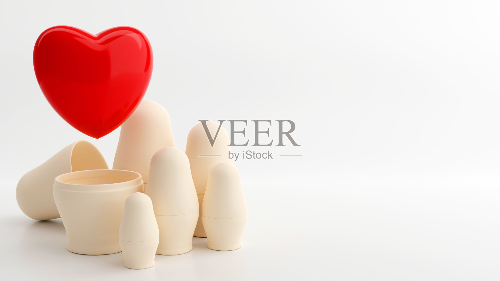 俄罗斯套娃的三维渲染与红心内白底，符号和符号的概念照片摄影图片