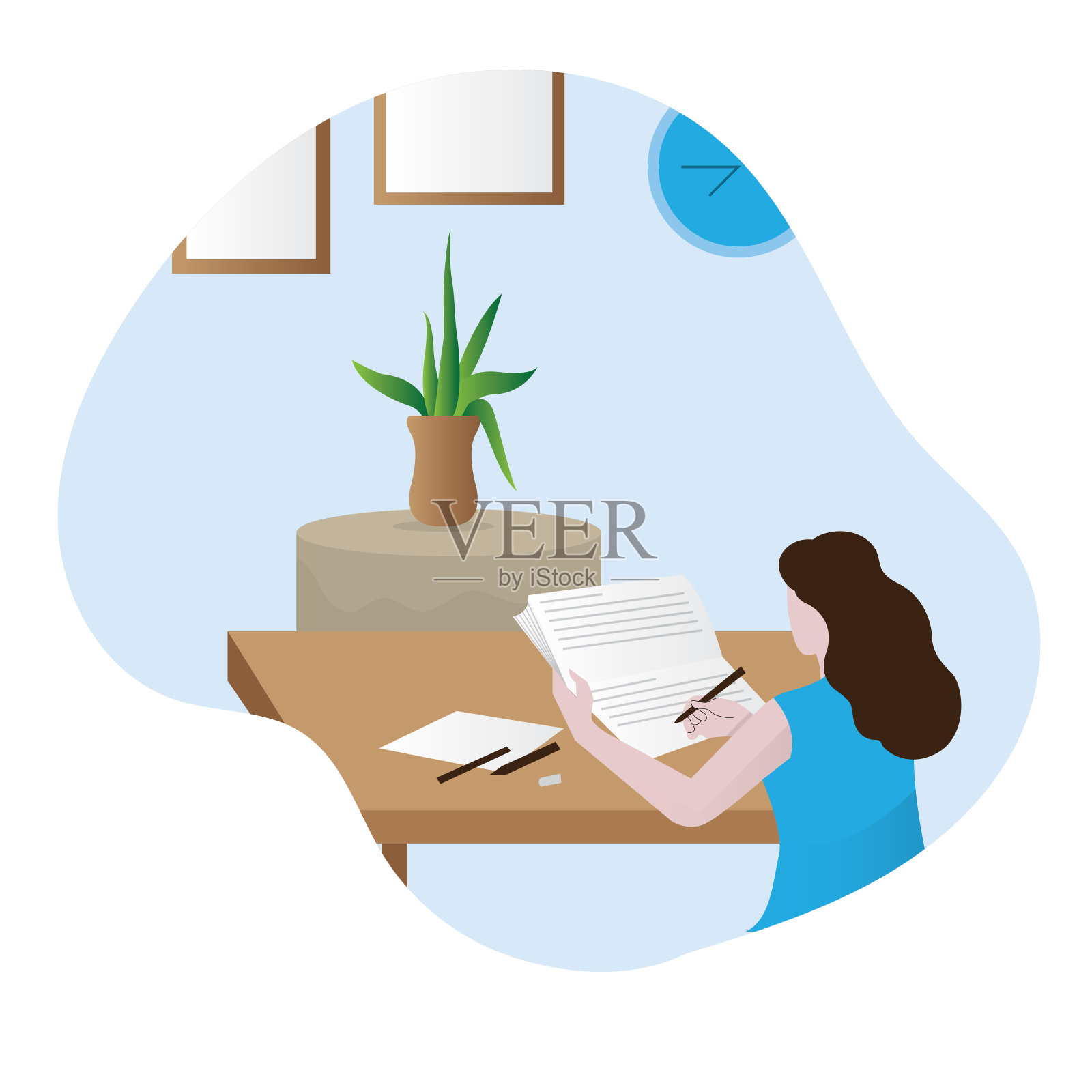 女孩的日记。女人写日记。学生读书。少年在可爱的纸质笔记本上画画插画图片素材