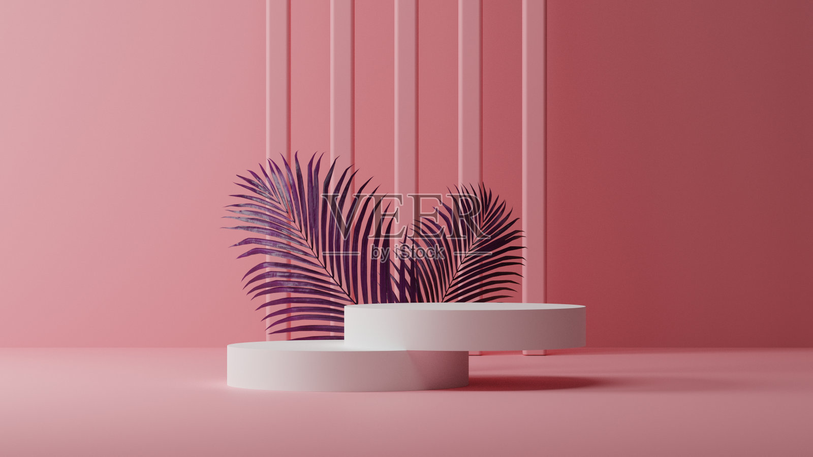 最小的粉色背景和自然树叶与白色基座讲台模型，空平台的产品展示和演示，3D渲染照片摄影图片