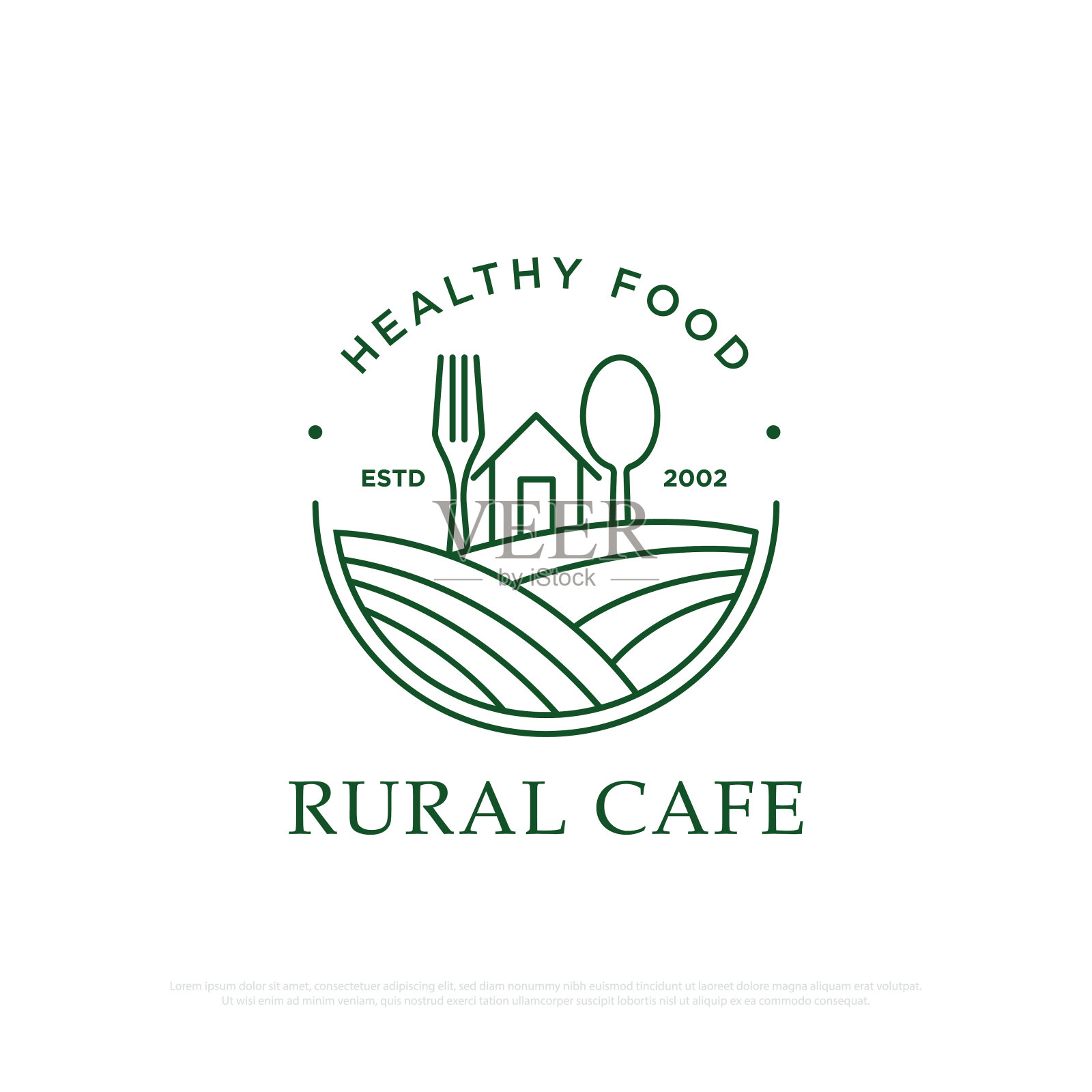 健康食品餐厅标志设计，一个具有农村概念的餐厅，提供传统有机食品和饮料矢量插图插画图片素材