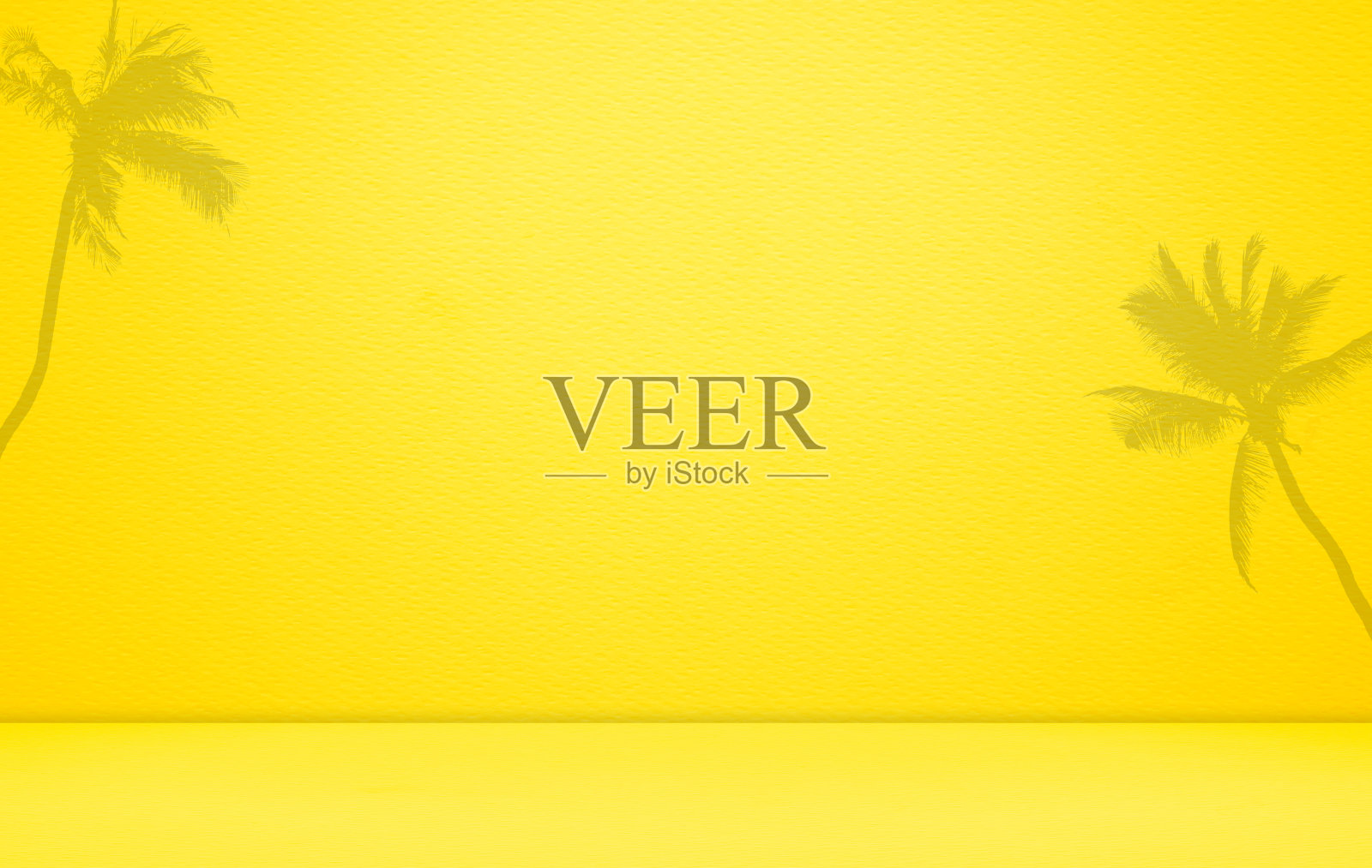 背景黄色工作室墙房与阴影棕榈叶夏天，墙实心空场景产品背景，金橙色地板热带，平台纸阁楼，水泥混凝土横幅平台样机照片摄影图片