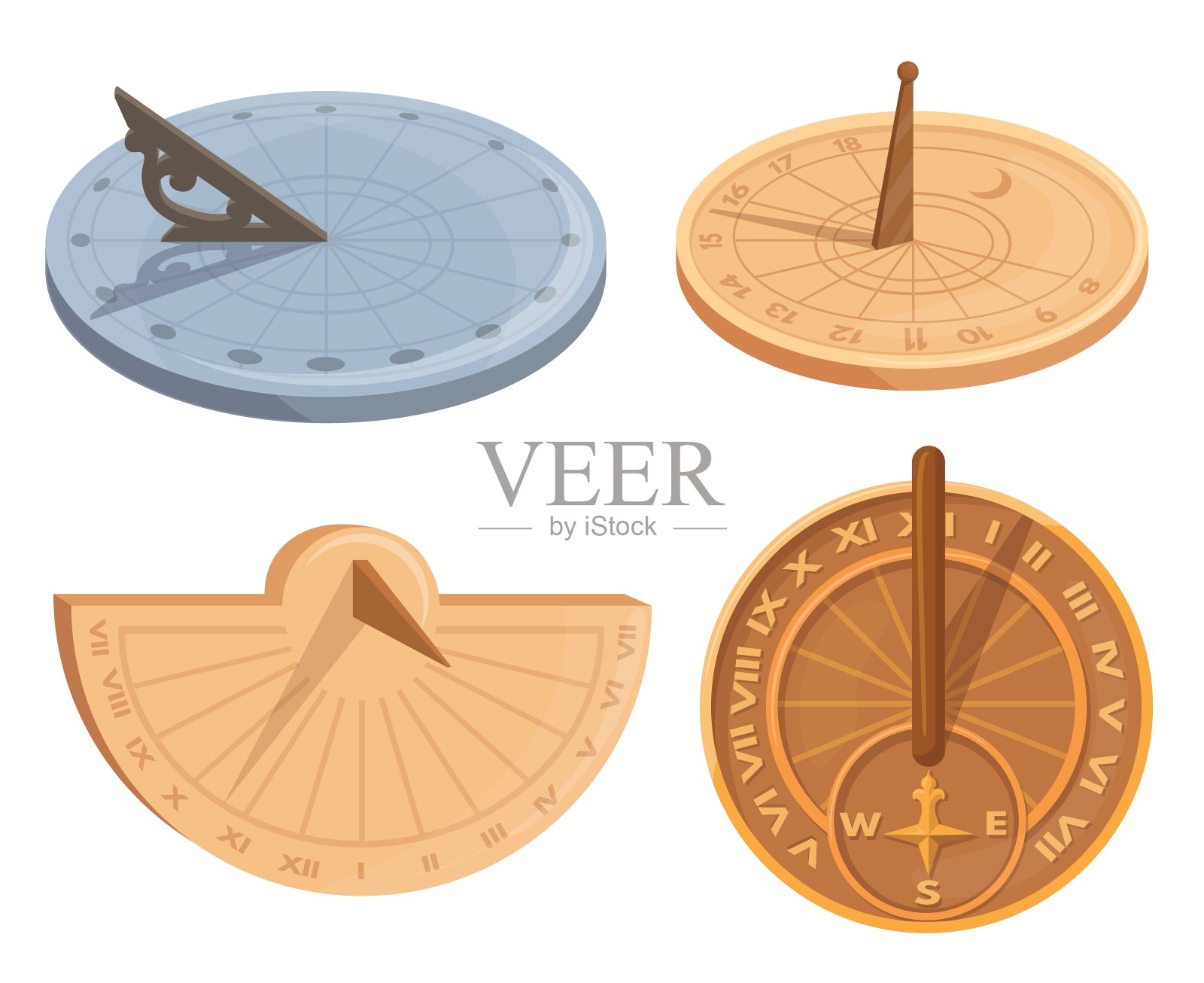 日晷。古表盘太阳钟，日晷手表与拉丁罗马数字倒计时时间上的太阳阴影，天文科学古董钟，年龄定时器整齐矢量插图插画图片素材