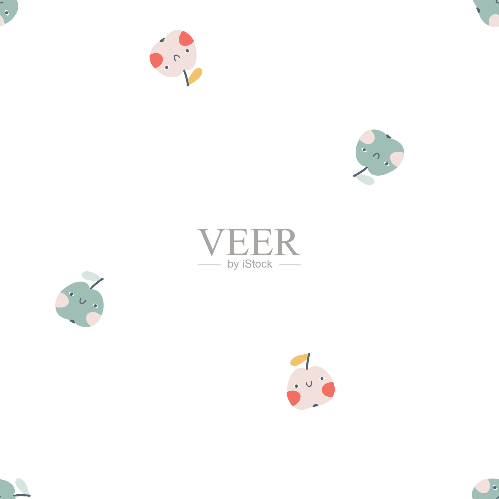 绿苹果字符无缝图案与笑脸。手绘卡通涂鸦，风格简单天真。矢量插图在一个粉彩调色板的孩子。在白色背景上孤立可爱的水果。插画图片素材