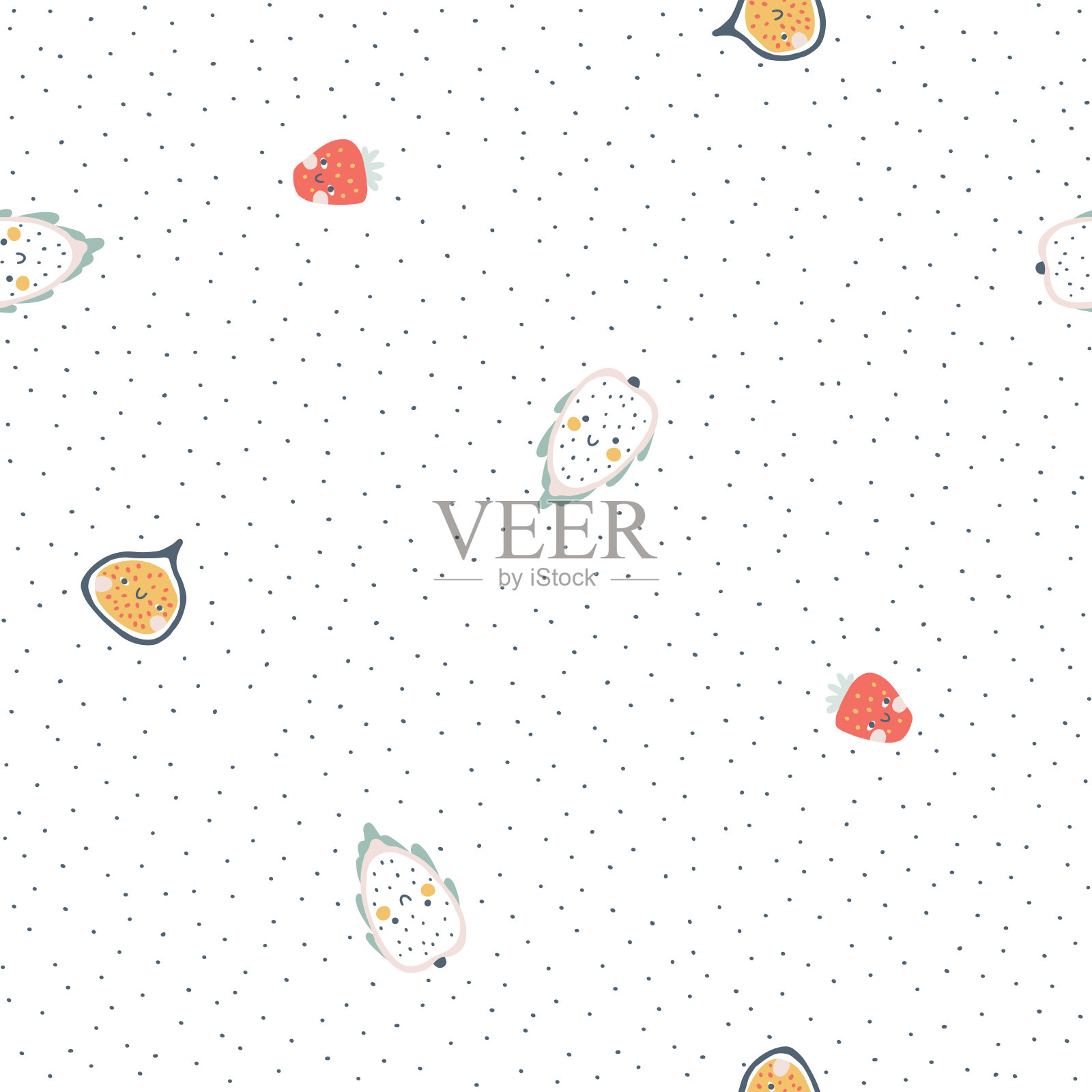 水果无缝花纹。矢量卡通简约的背景与可爱的微笑水果人物在简单的手绘风格。柔和的颜色在白色的背景与波尔卡点。插画图片素材