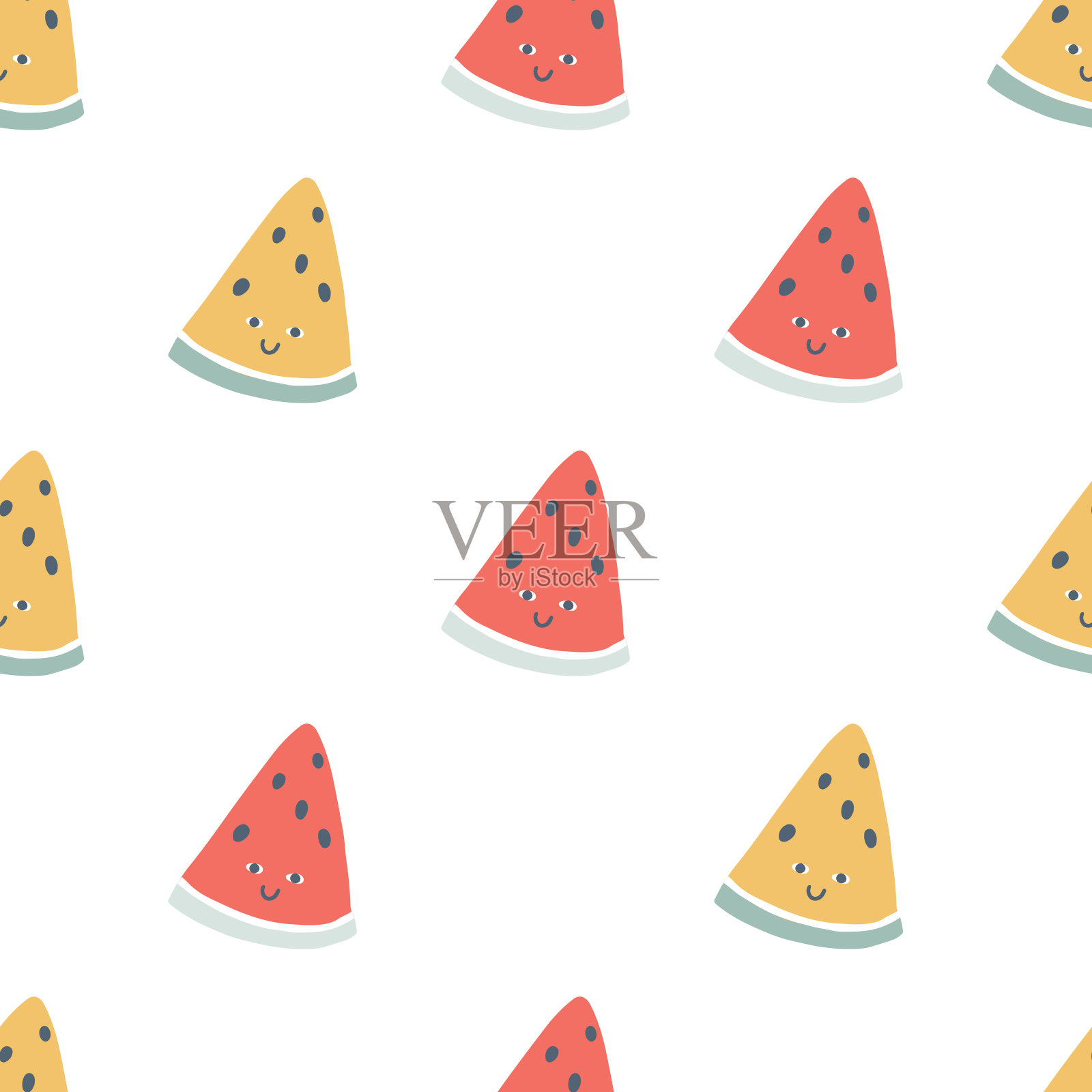 三角形西瓜字符无缝图案与笑脸。手绘卡通涂鸦，风格简单天真。矢量插图在一个粉彩调色板的孩子。白色背景上可爱的水果。插画图片素材