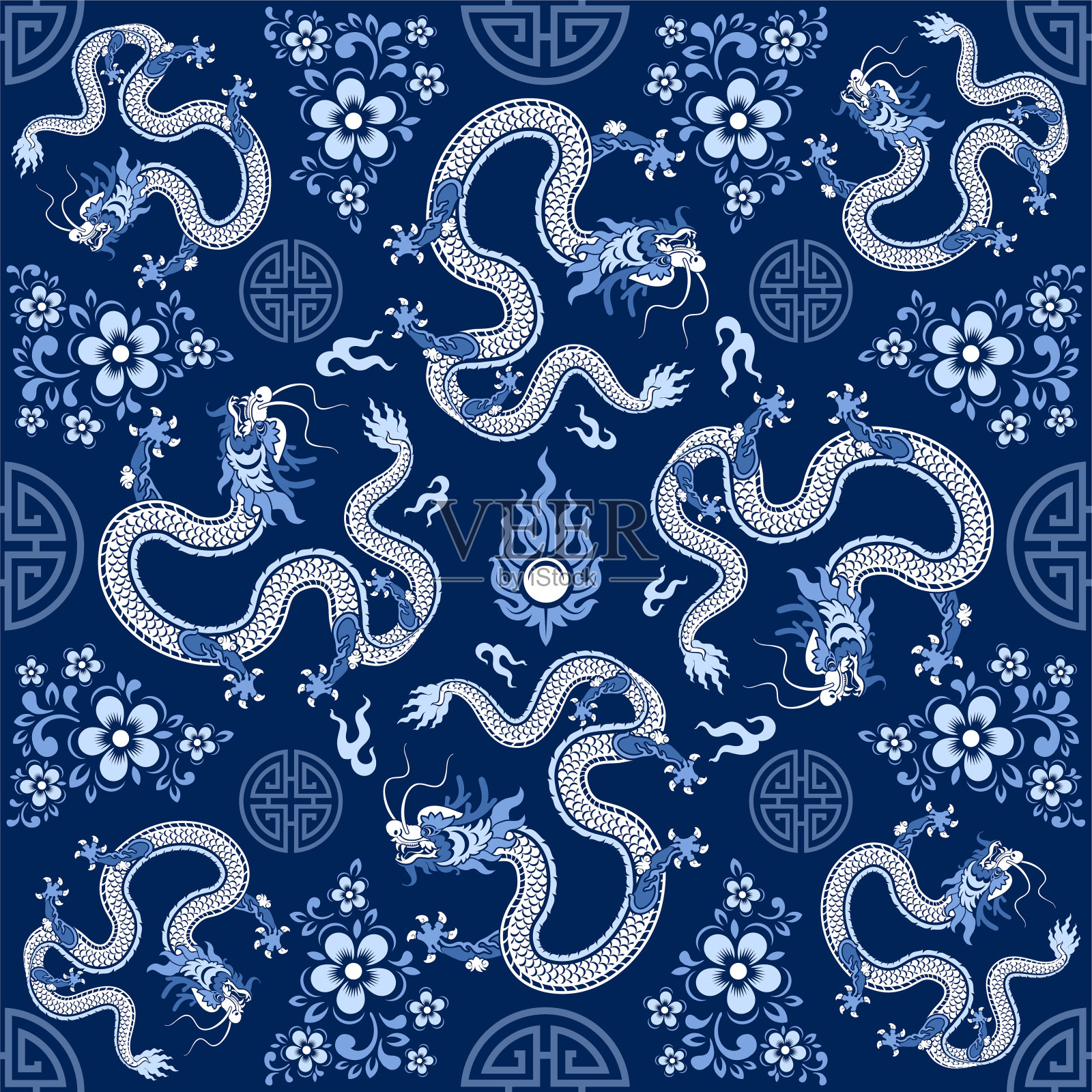 无缝图案快乐中国新年2024龙生肖与亚洲元素剪纸风格的彩色背景。(翻译:2024龙年新年快乐)插画图片素材