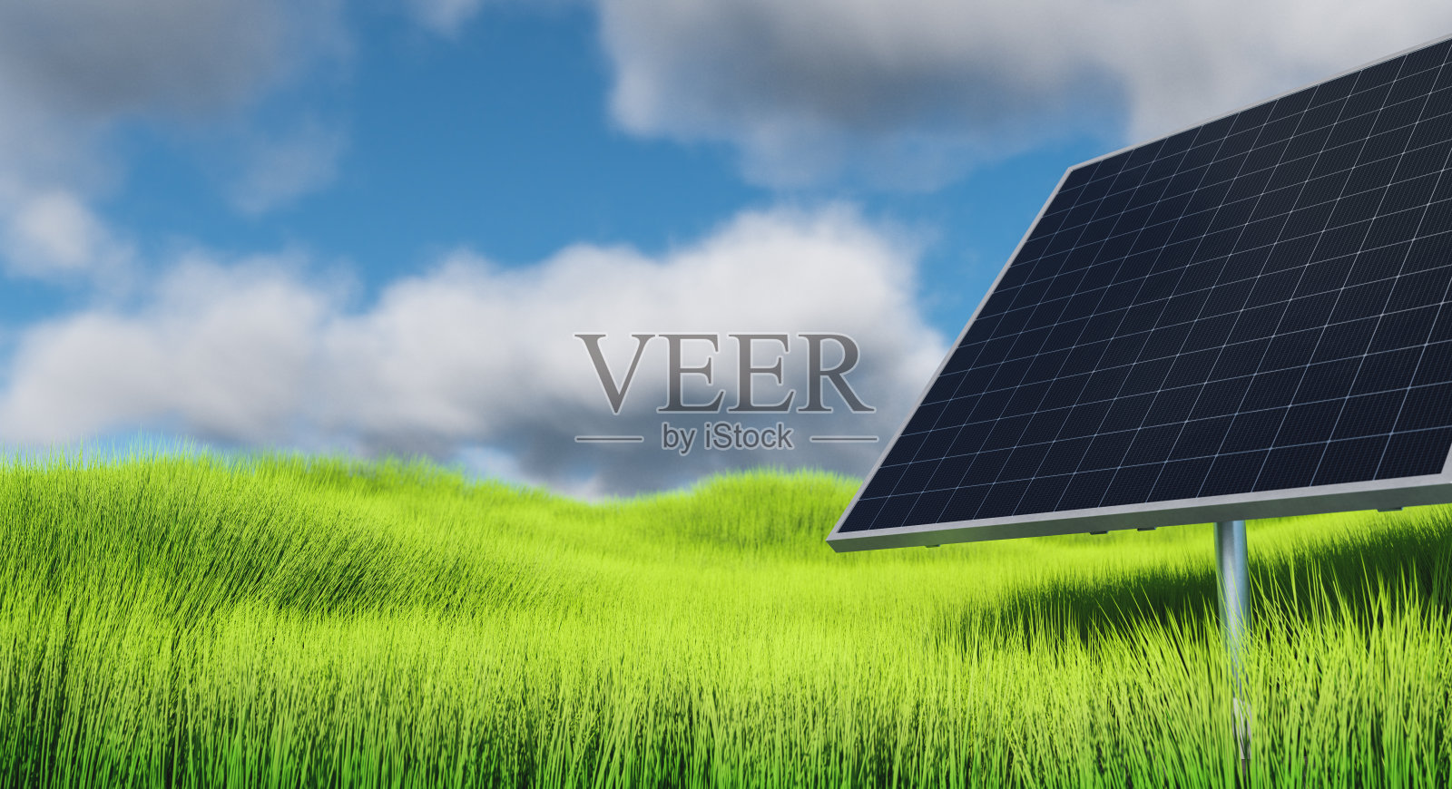一个方形的太阳能电池板，背景是绿色的草地和多云的天空照片摄影图片