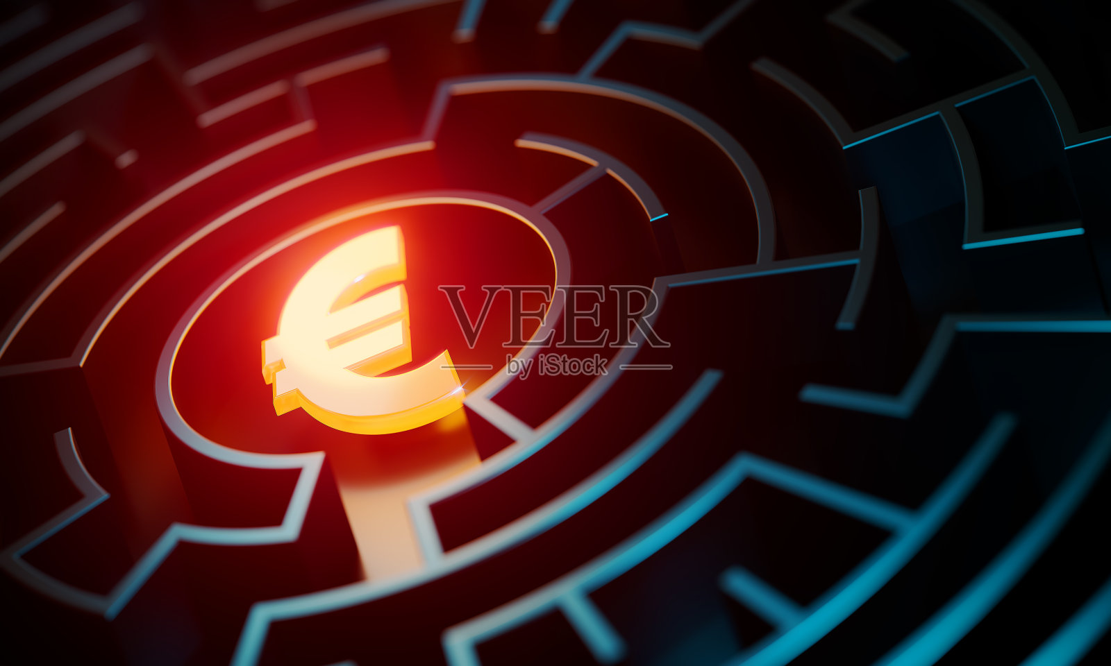 在橙色和蓝色灯光照亮的迷宫中央，有一个发光的欧元标志照片摄影图片