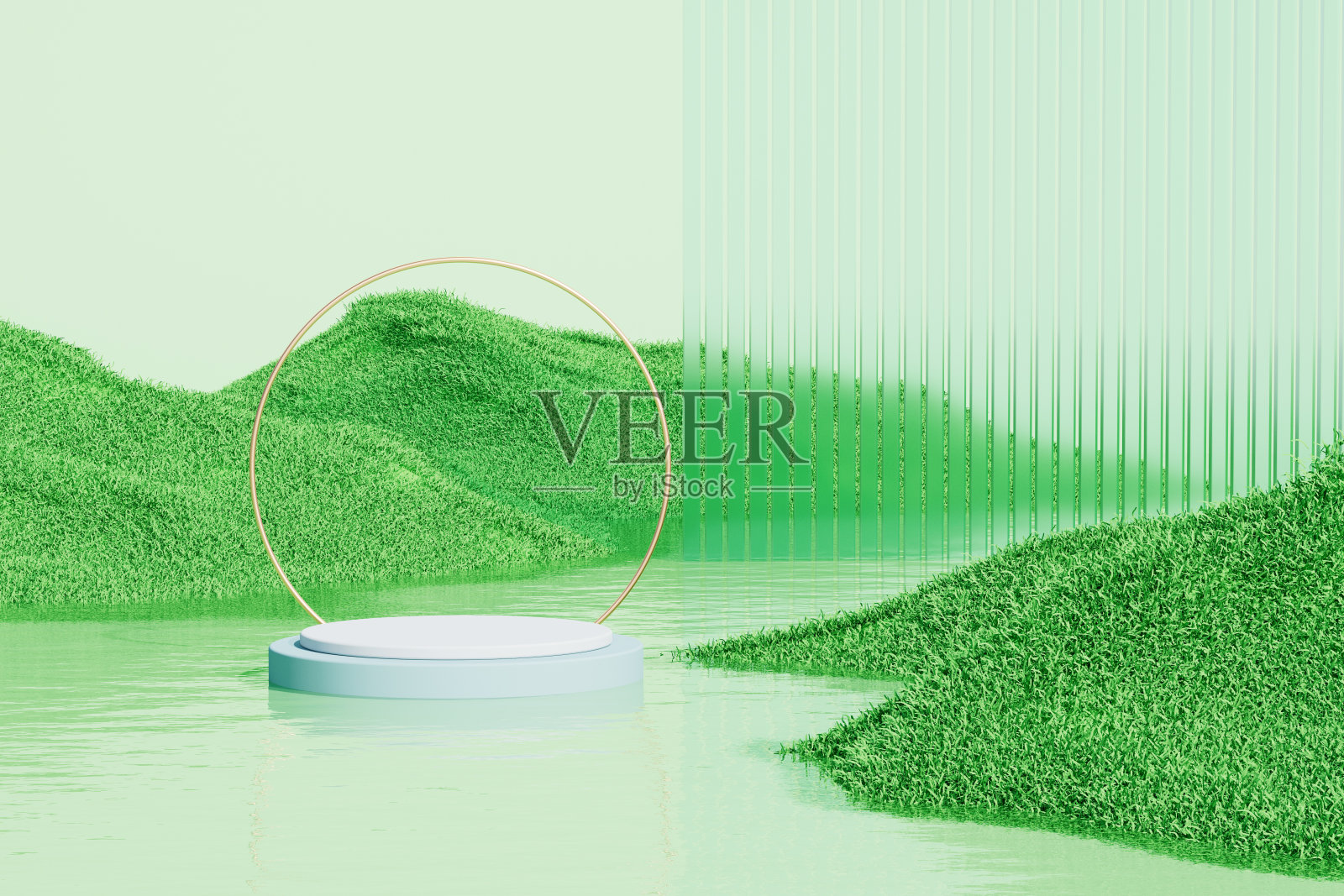 3d渲染玻璃站背景与水照片摄影图片