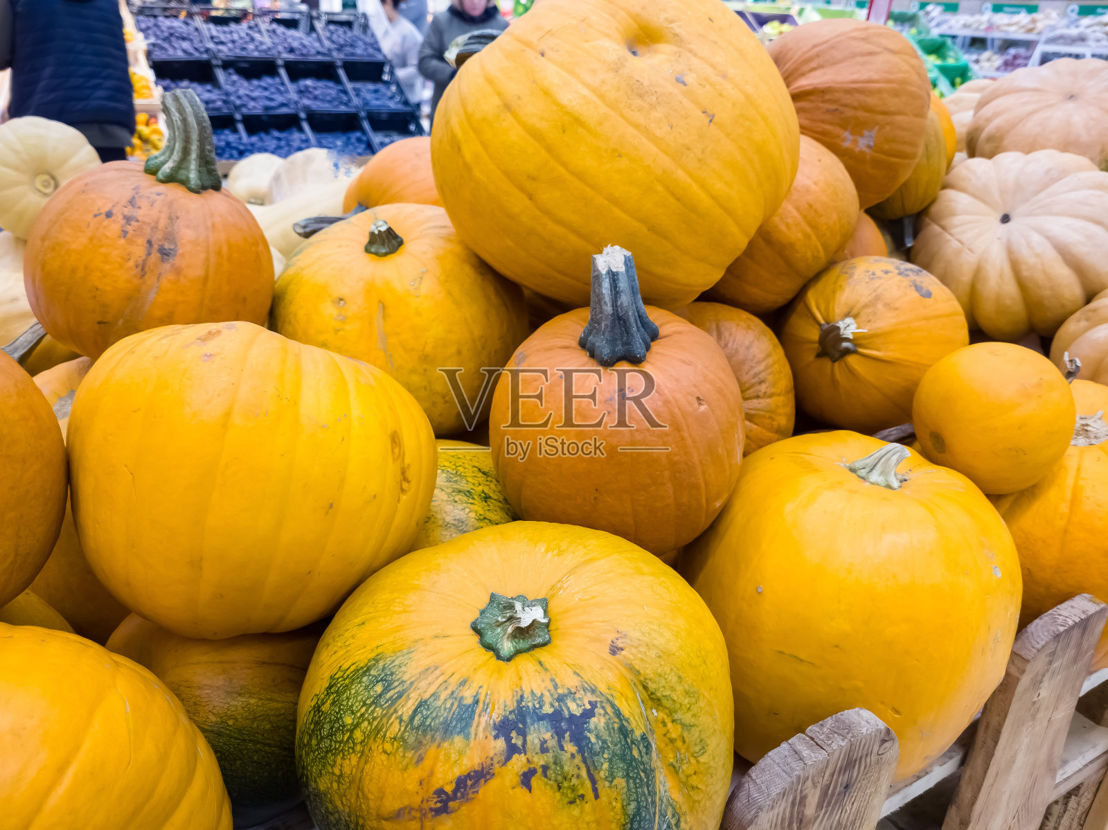 秋天，超市橱窗里各种各样的橙色南瓜照片摄影图片