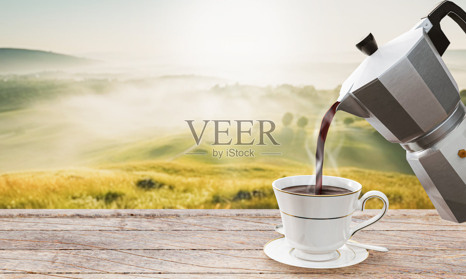 将摩卡壶里的新鲜咖啡倒入红色咖啡杯。热咖啡冒着烟。木桌上放着红眼镜。背景是山景。早晨的太阳，地上有一层薄雾。三维渲染照片摄影图片