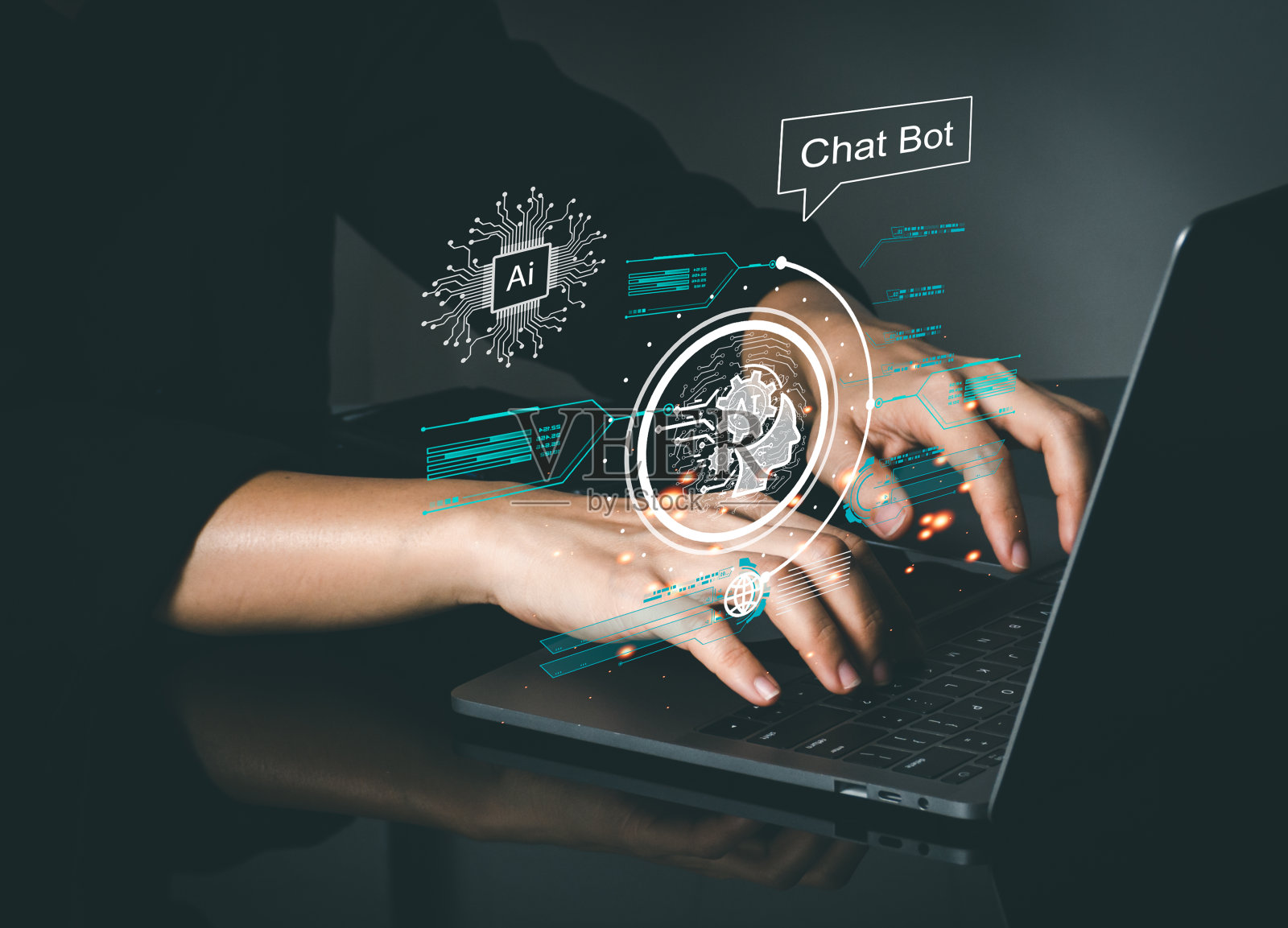 聊天机器人与人工智能聊天。人类使用人工智能技术智能机器人AI，人工智能通过输入命令提示符来生成一些东西，未来科技转型。照片摄影图片