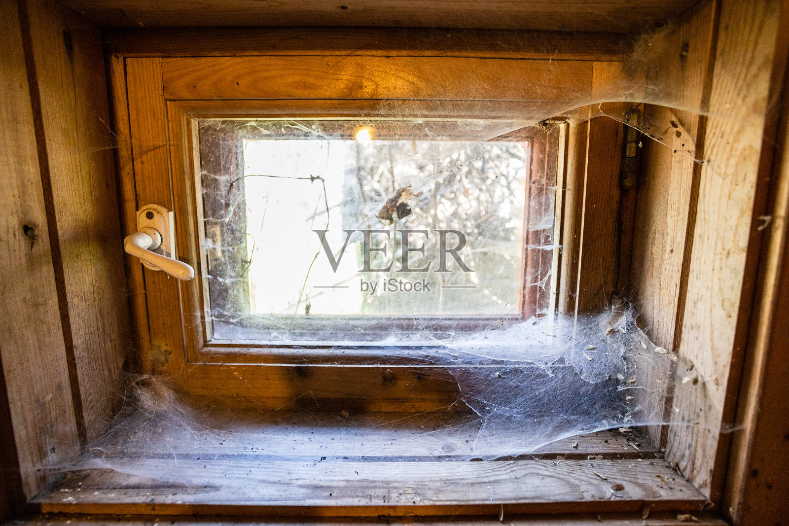 布满蜘蛛网的乡村小屋紧闭的木窗照片摄影图片