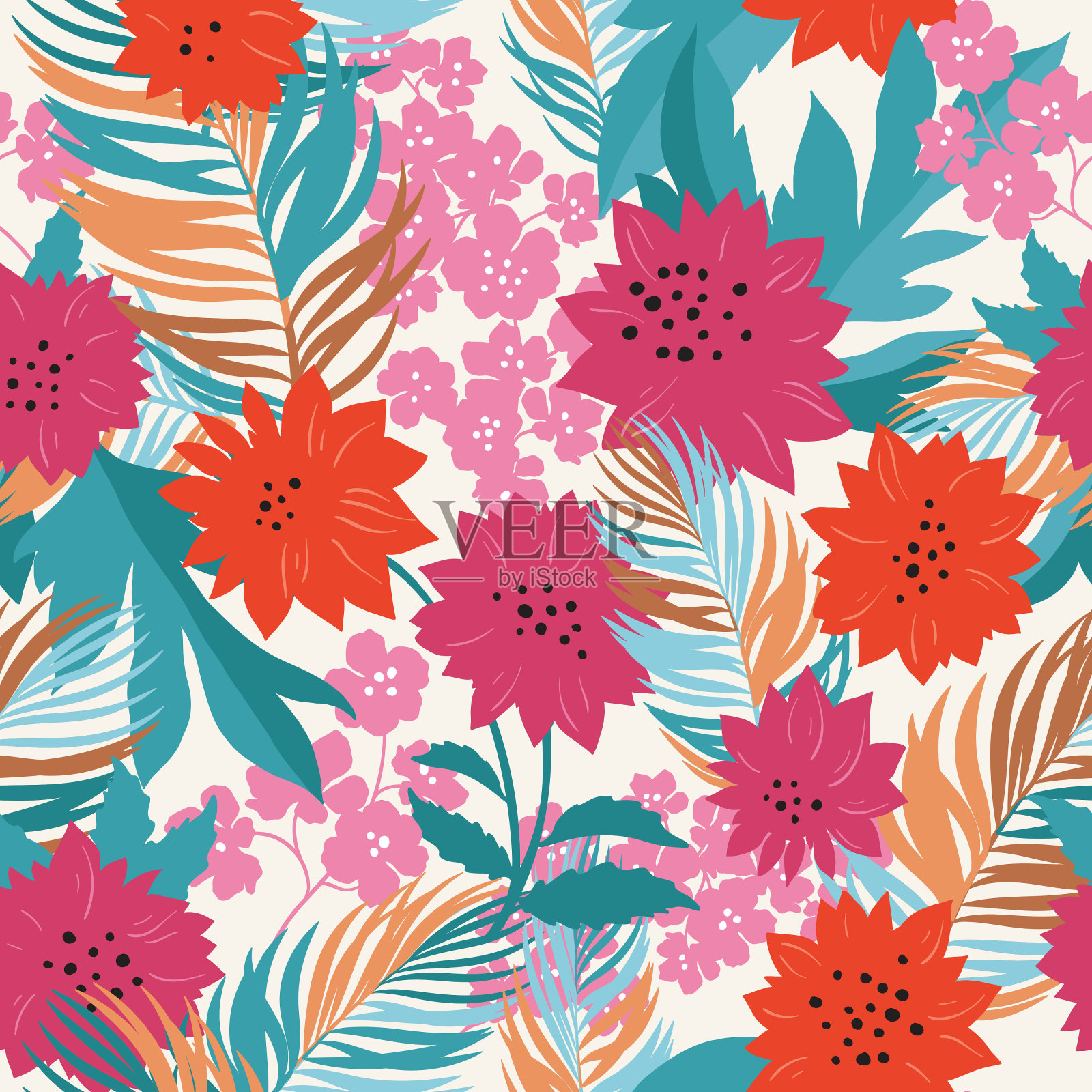 无缝图案与红色和粉红色的花朵插画图片素材