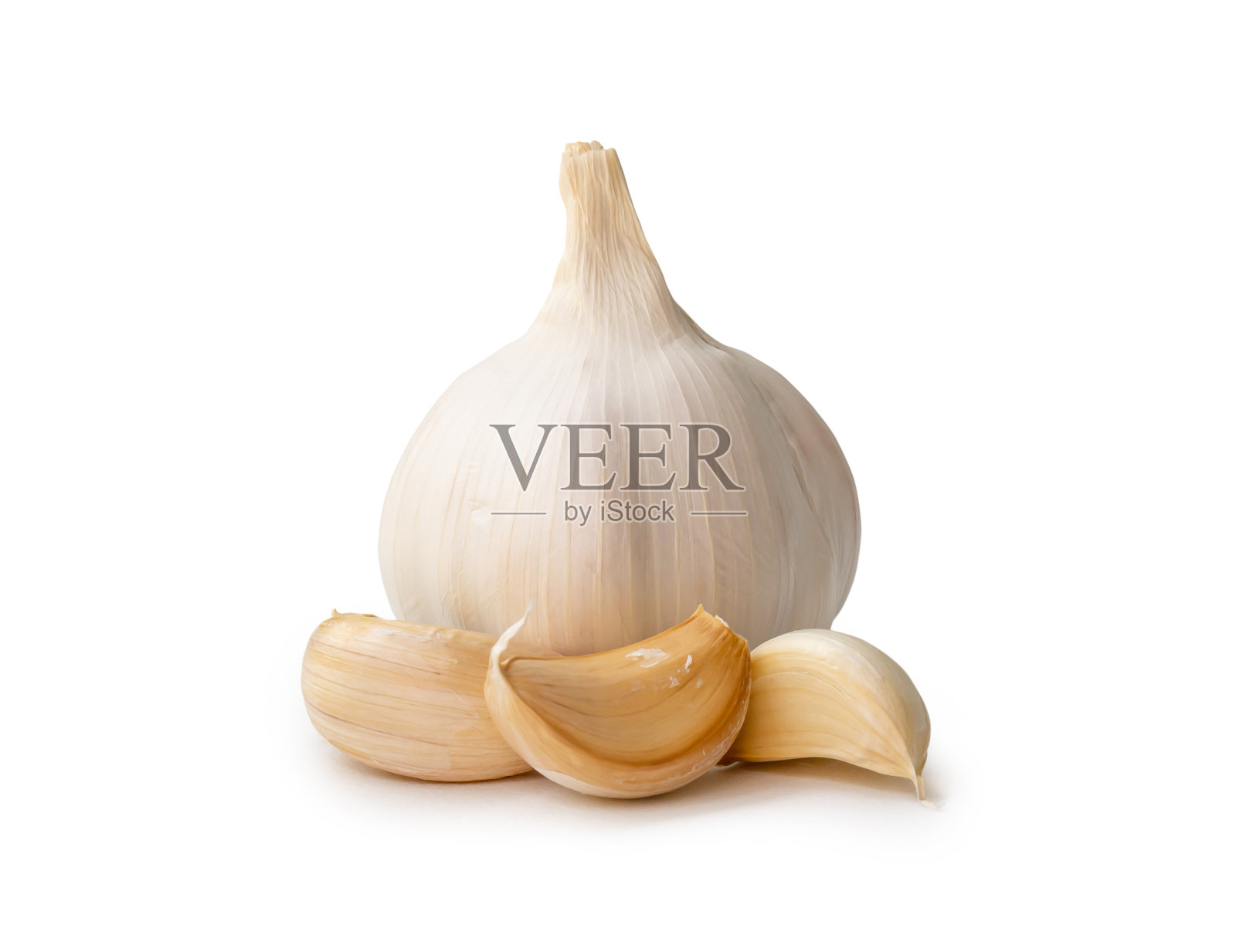 单个新鲜的白色大蒜鳞茎与片段分离在白色背景与剪辑路径照片摄影图片