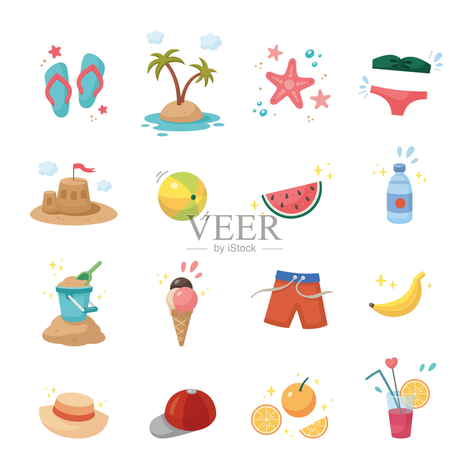 夏天集。收集可爱的夏季图标。夏季时间元素。海滩派对的元素集合。插画图片素材