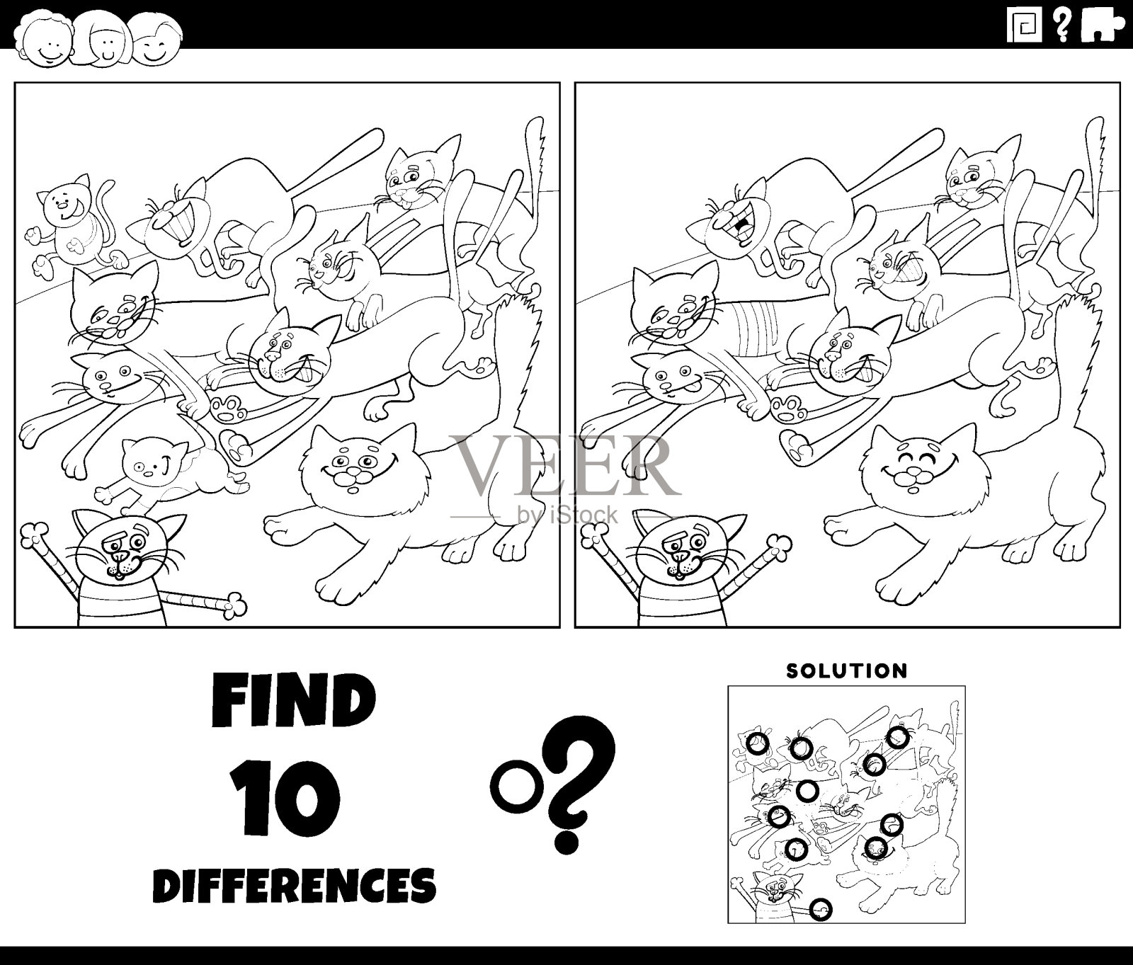 不同的游戏与卡通跑猫着色页插画图片素材