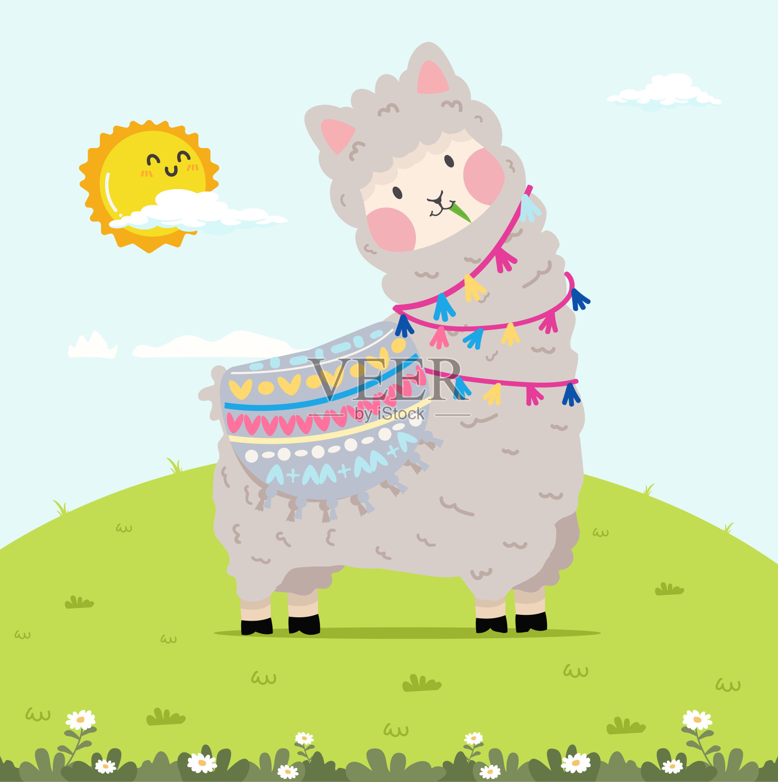可爱的羊驼吃草卡通插画图片素材