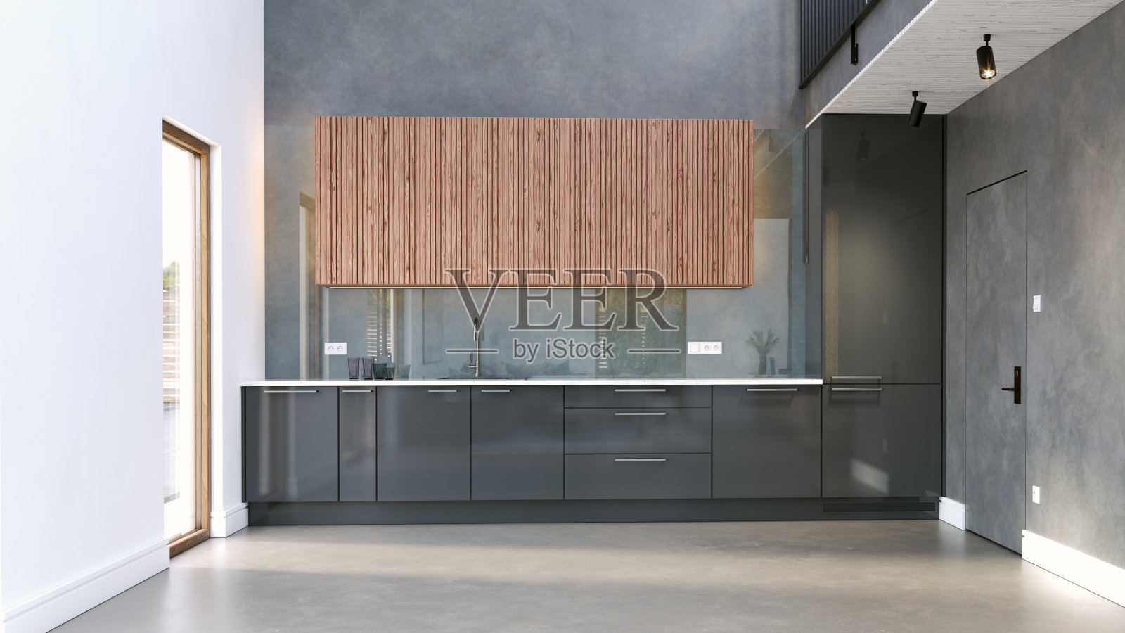 带有全景窗户的现代厨房项目。照片摄影图片