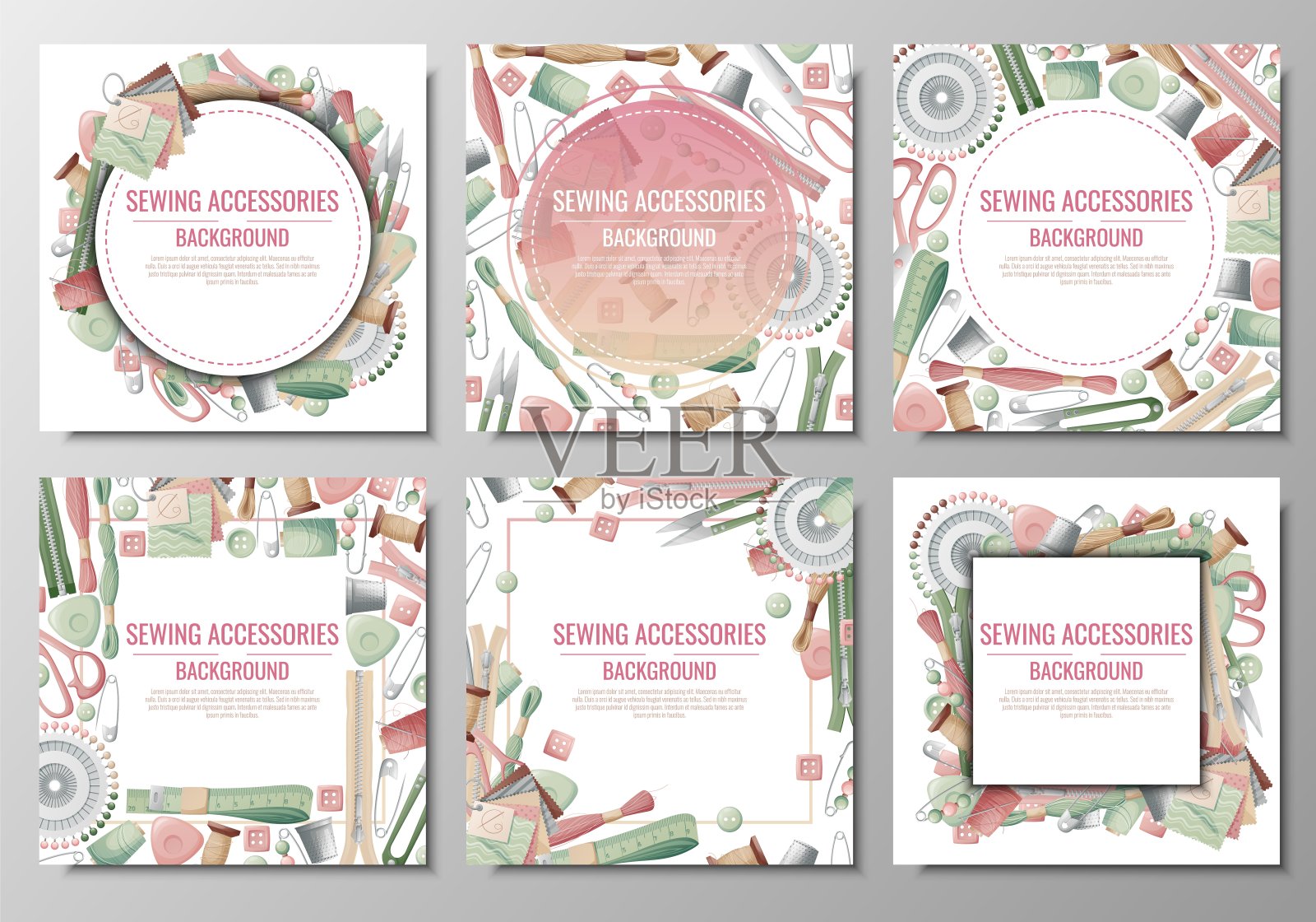 一套框架与缝纫配件。矢量模板绘制的缝纫工具和用品的彩色插图。缝纫店或工作室的海报、横幅插画图片素材
