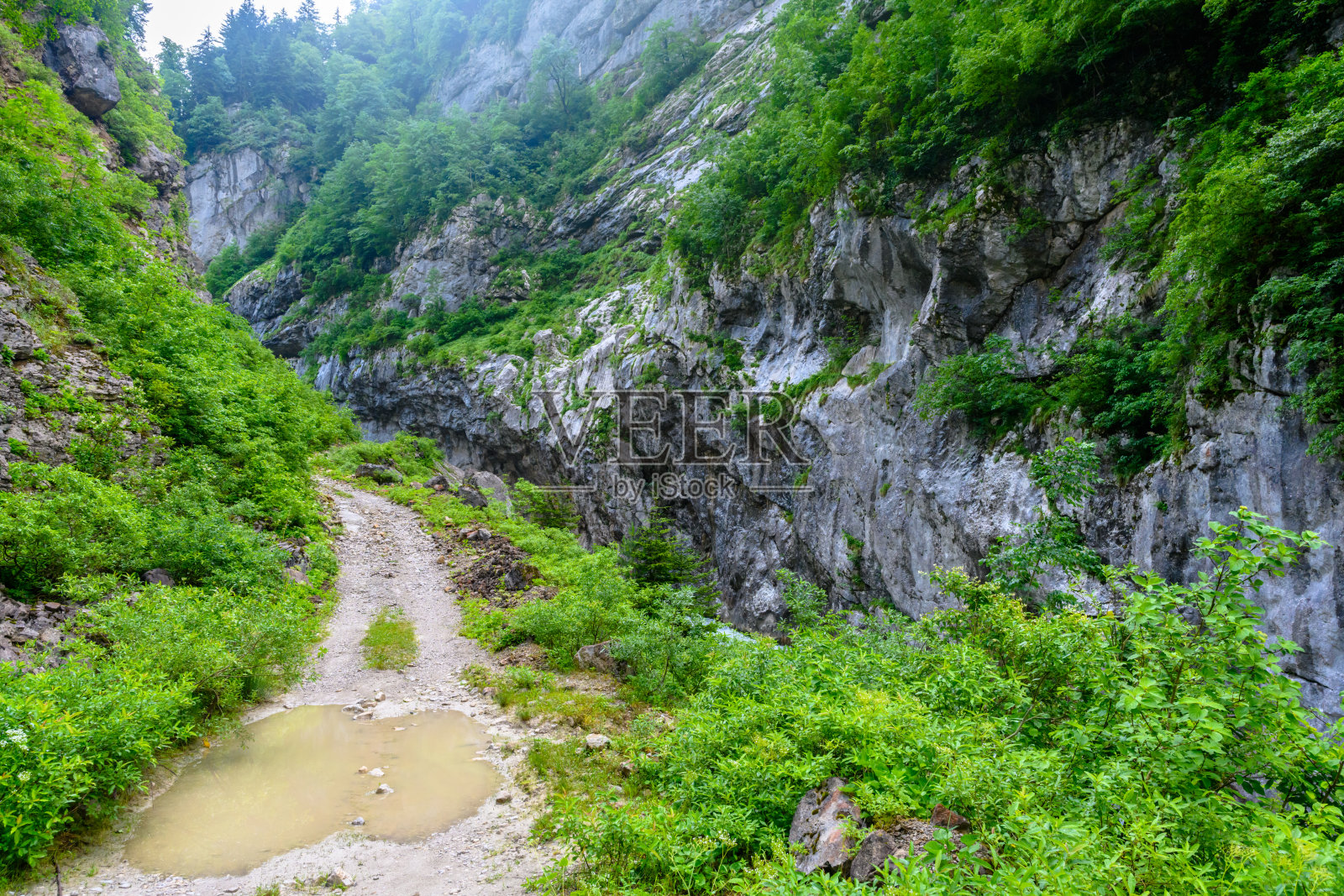 热带山区的乡村岩石路。照片摄影图片