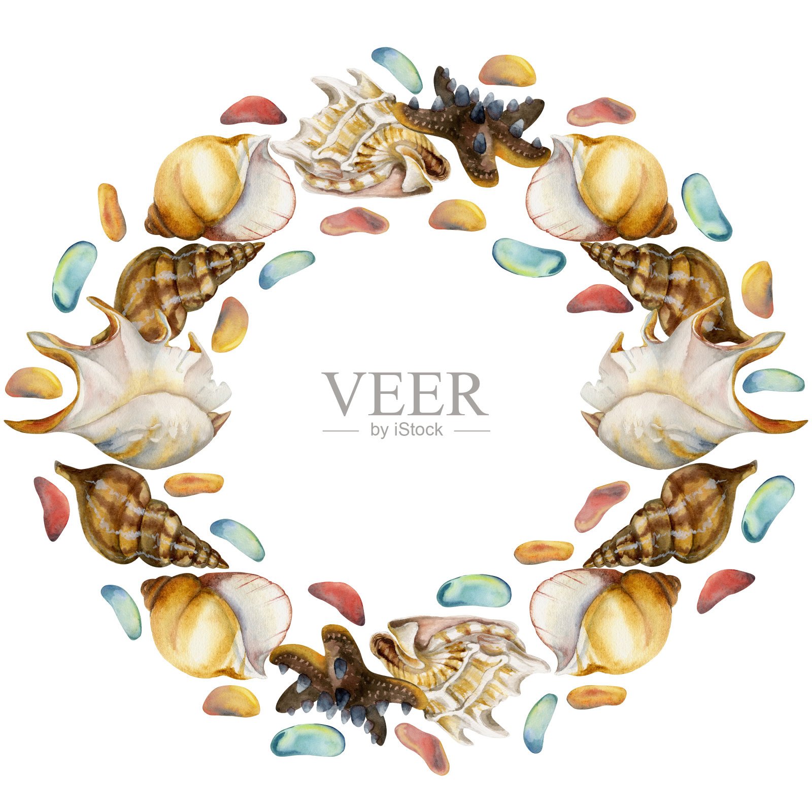 手绘水彩奇异的海贝壳和彩色玻璃，海星。圆花圈框架。孤立在白色背景上。设计墙艺、婚庆、印花、布艺、封面、名片、旅游、旅游宣传册。插画图片素材