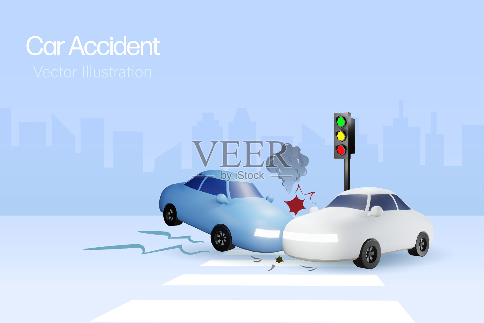车祸概念。马路上的汽车在红绿灯处相撞。车祸和保险概念。三维向量。插画图片素材