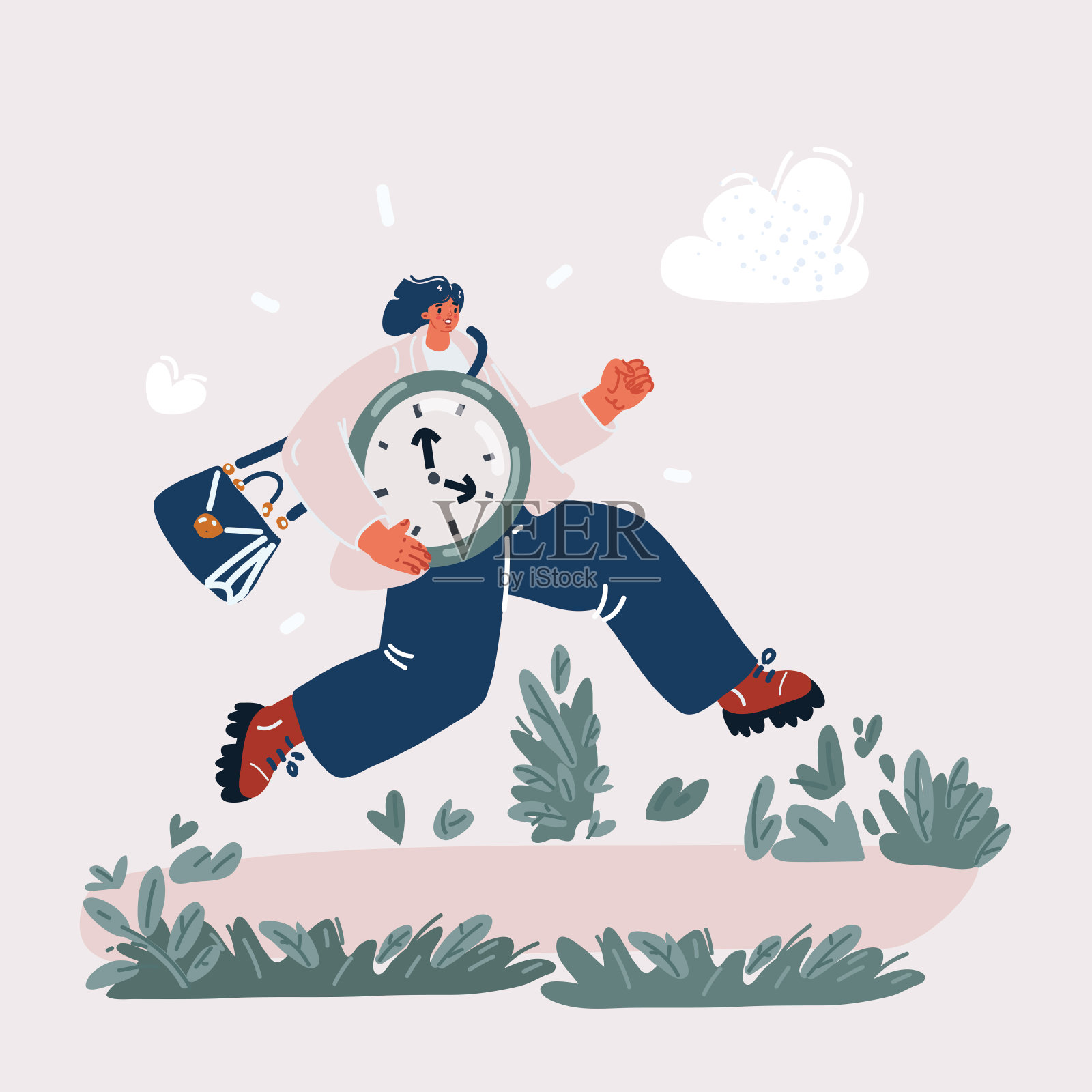 矢量插图的女人跑与大钟在她的手中。概念缺乏时间。非常繁忙的运行。插画图片素材