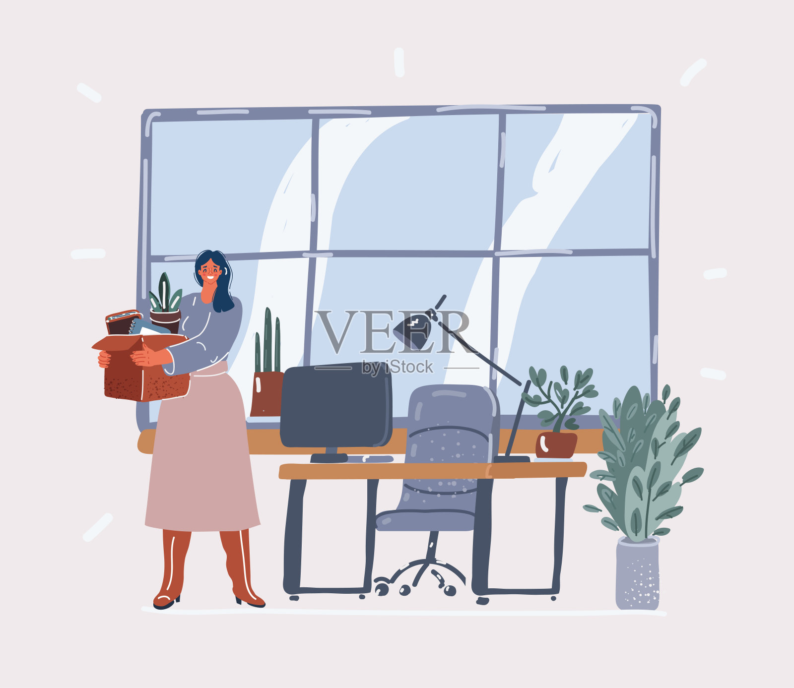 矢量插图快乐的女员工获得奖励的专业成就。一个女人升职了，在她的新工作场所旁边站着一箱东西插画图片素材