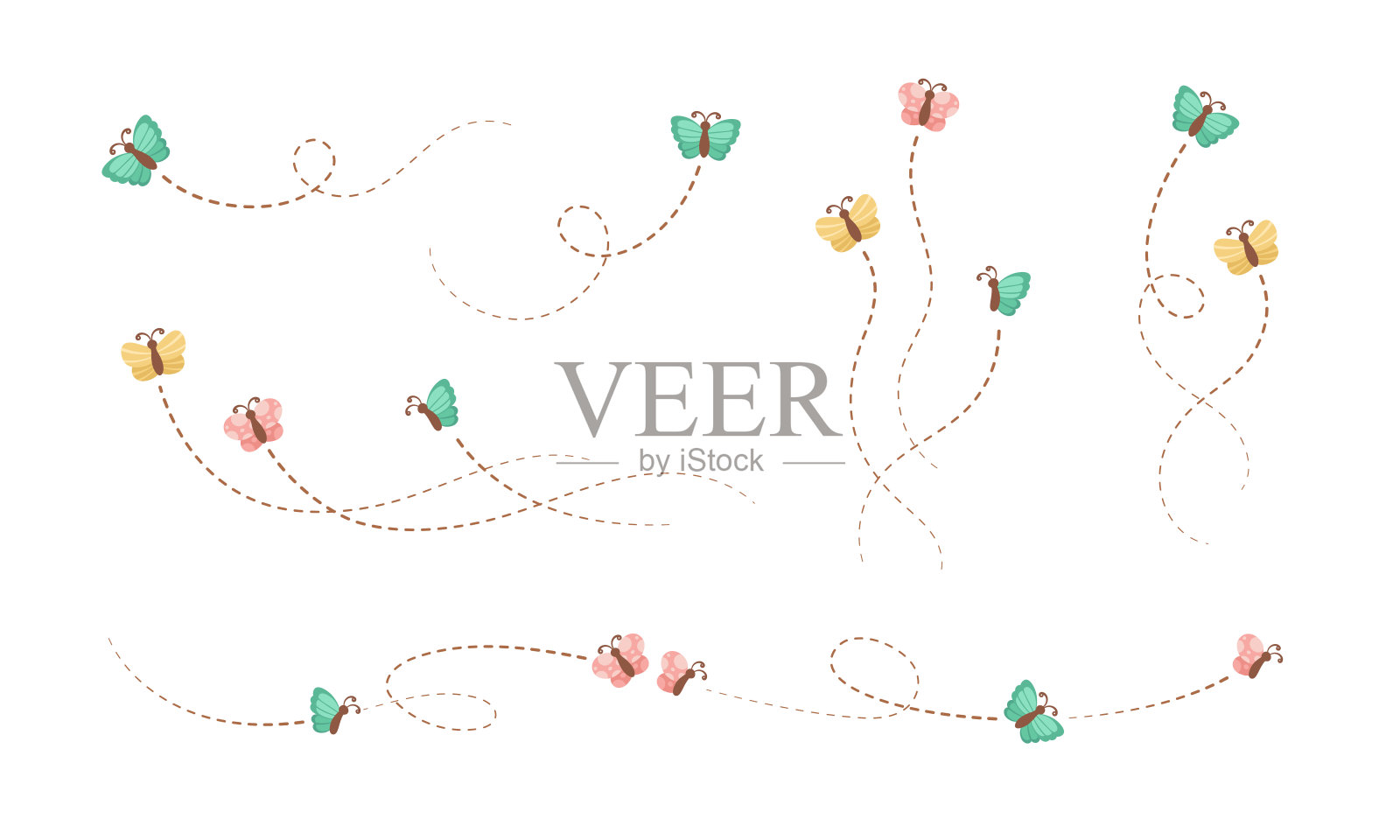 飞行的蝴蝶轨迹与虚线路线设置。自然春夏涂鸦插画设计元素插画图片素材