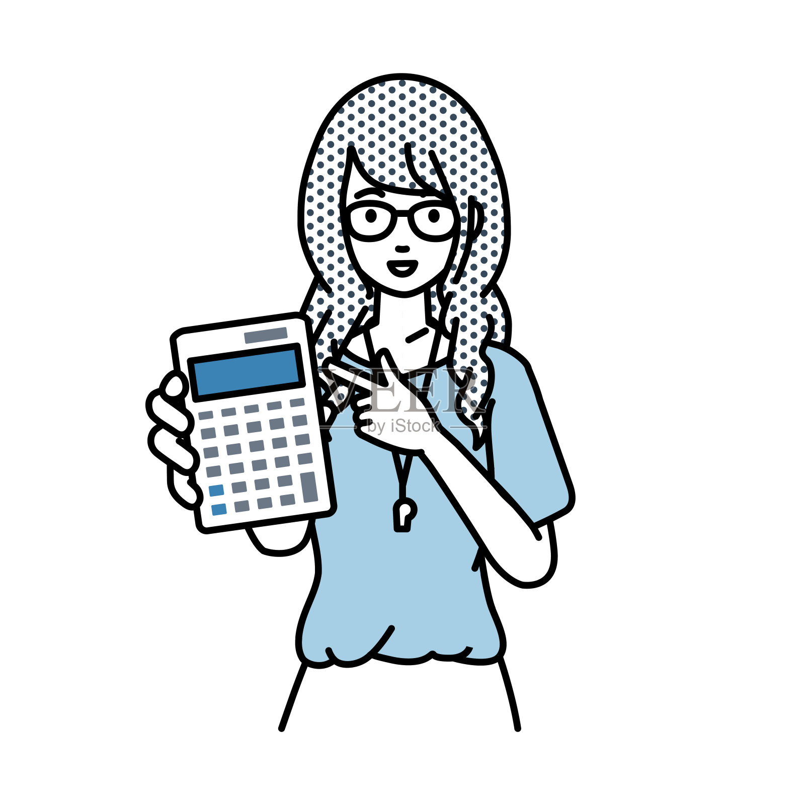 一位女教师面带微笑地推荐、提议、展示估算并指着计算器插画图片素材