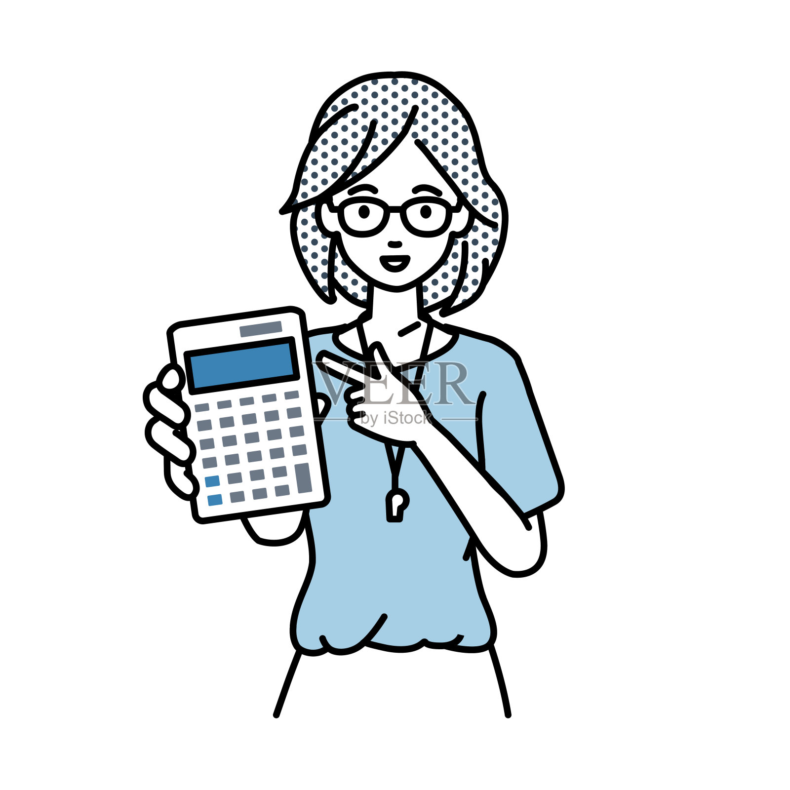 一位女教师面带微笑地推荐、提议、展示估算并指着计算器插画图片素材