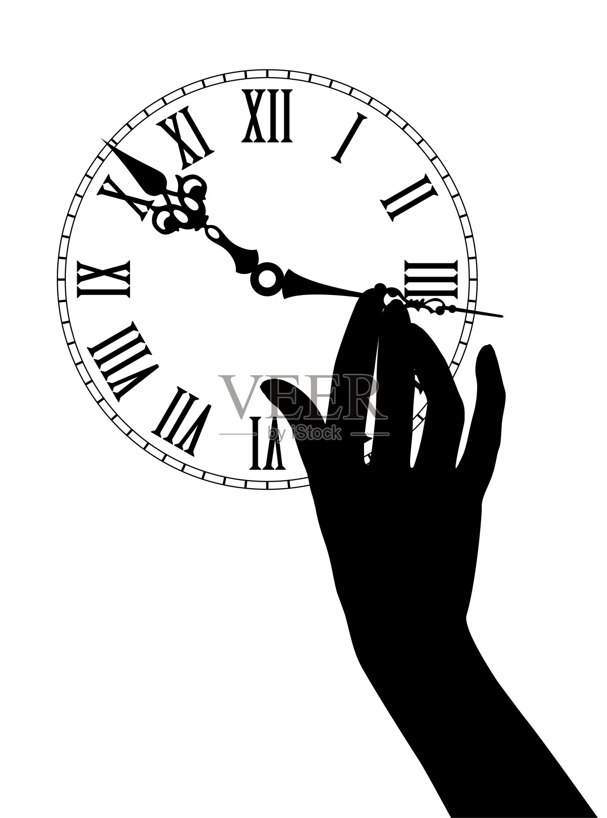 黑色轮廓的女性手移动时针在一个古董手表的表盘上插画图片素材