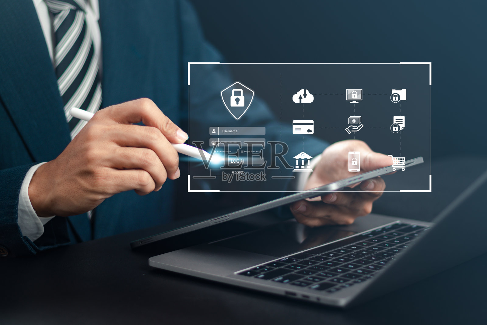 保护用户隐私网络和私人数据访问与挂锁图标。网络安全概念。照片摄影图片