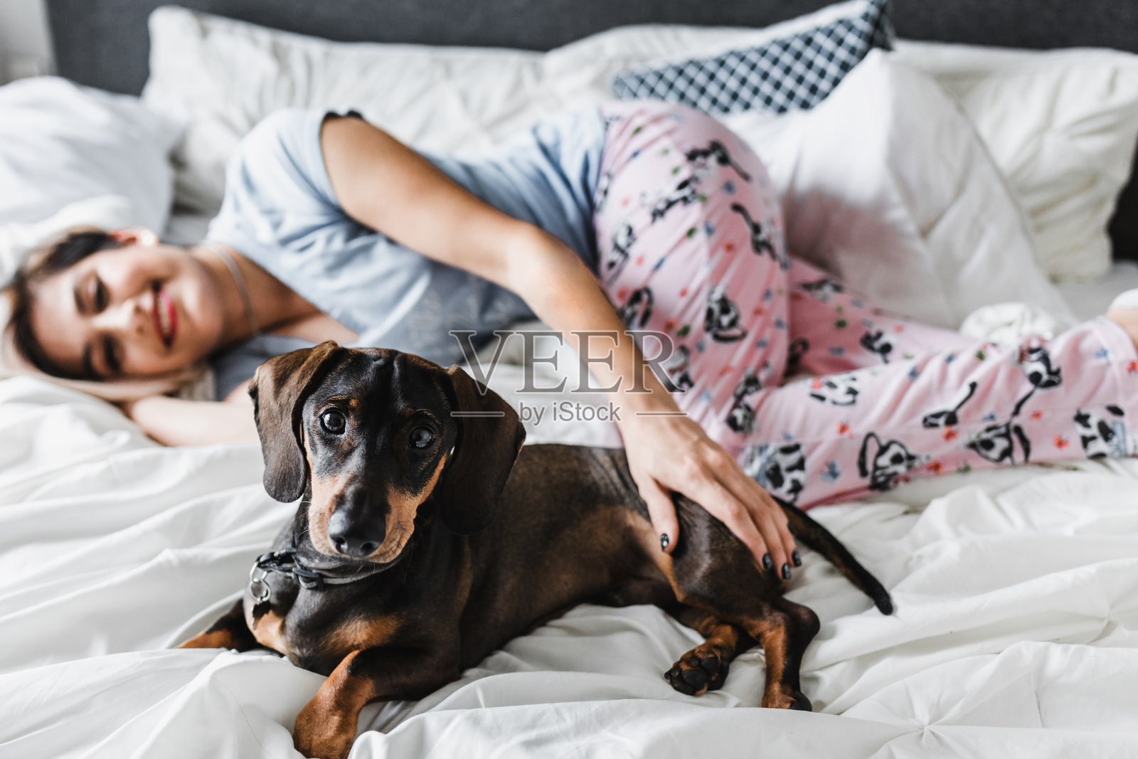拉丁美洲，西班牙裔女性，家里床上有一只腊肠狗照片摄影图片