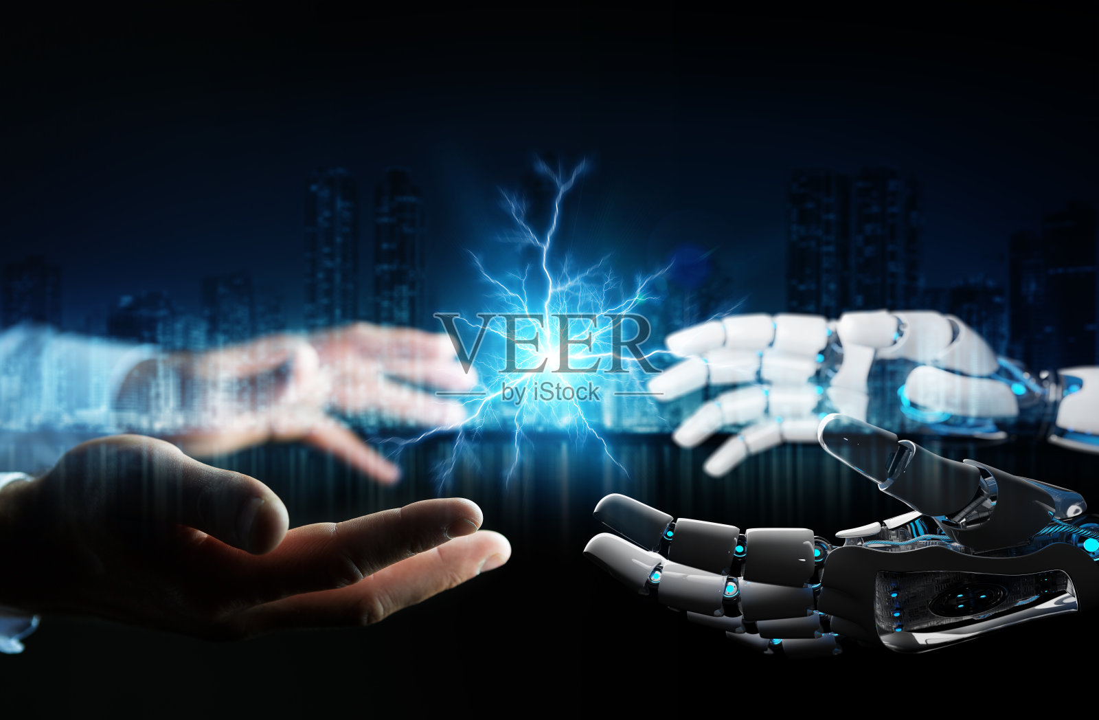 机器人在数字接口和蓝色网络背景照片摄影图片