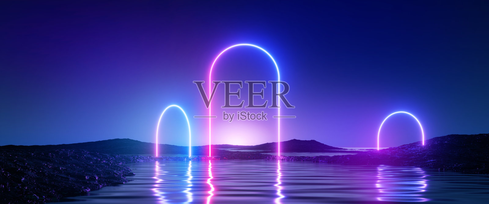 3d渲染，抽象的未来主义背景。全景的霓虹发光拱形几何形状在水中与反射，在夜空下。神奇的壁纸照片摄影图片