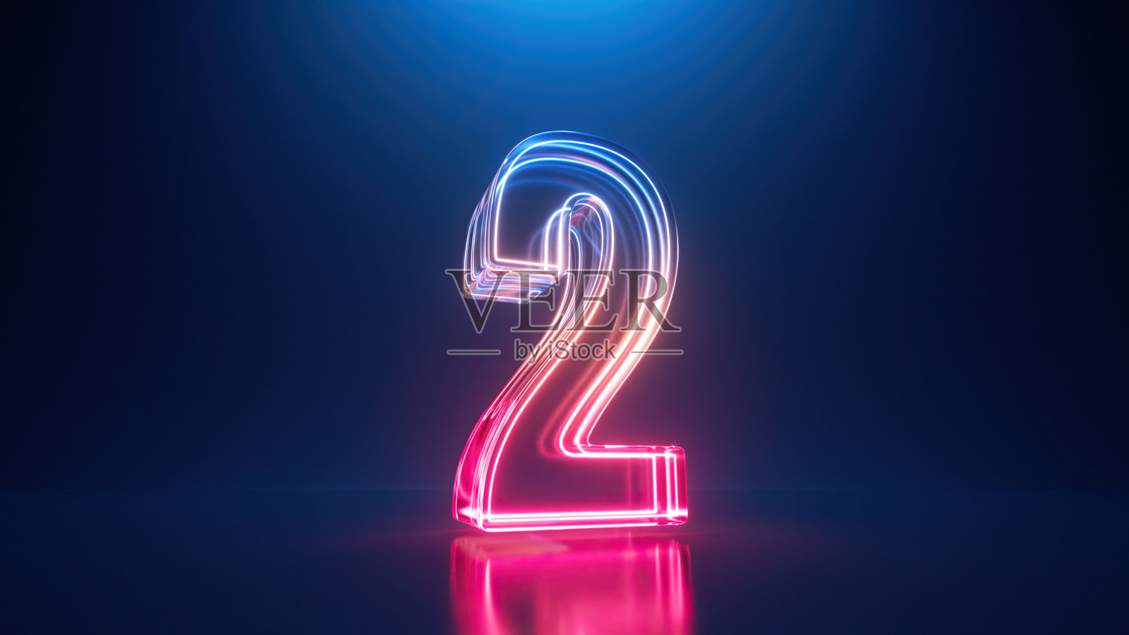 3 d渲染。2号氖。发光的彩色线条内的玻璃符号2形状。上面图照片摄影图片