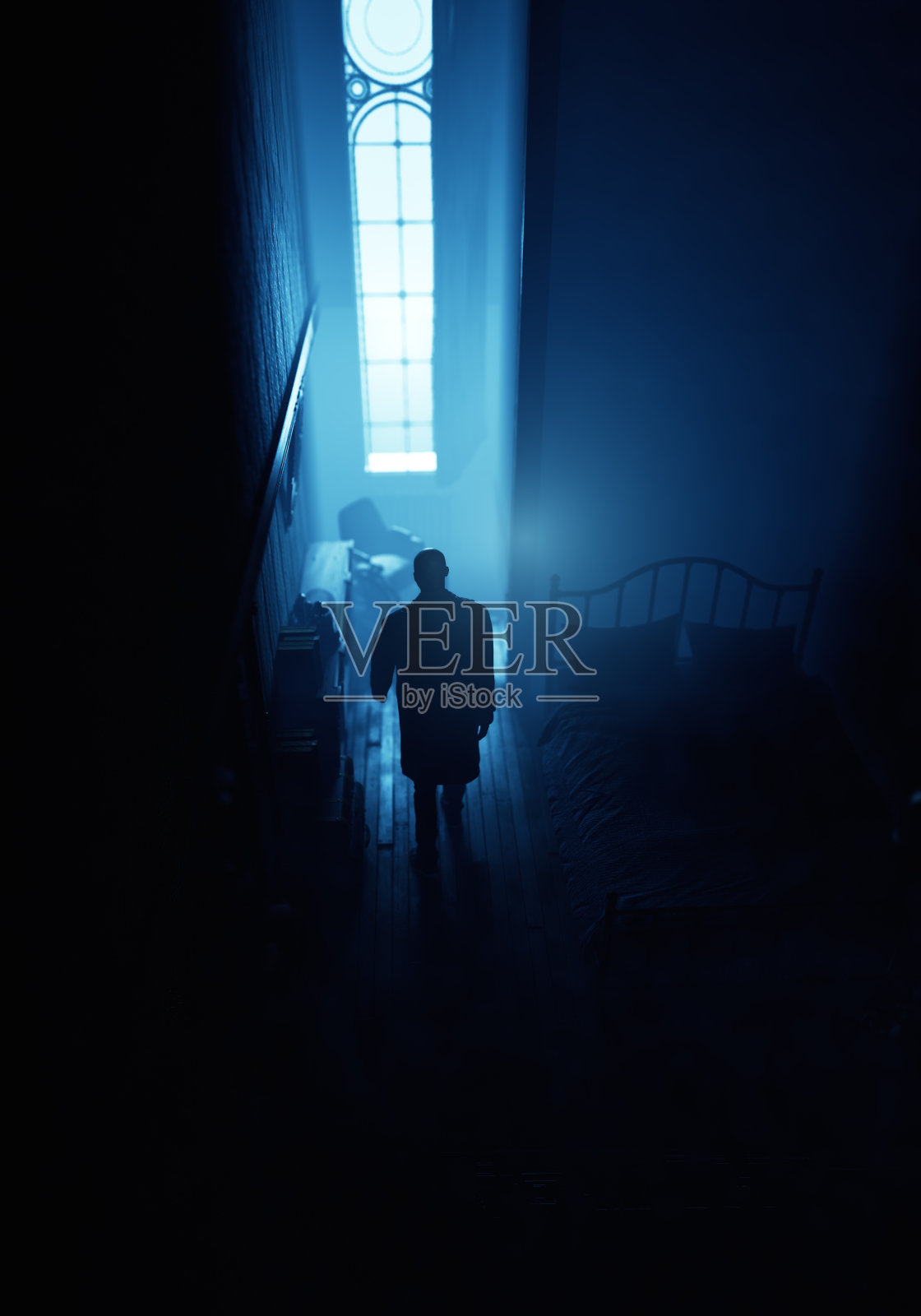 晚上卧室里有个男人进来。高角度视角。3 d渲染。照片摄影图片