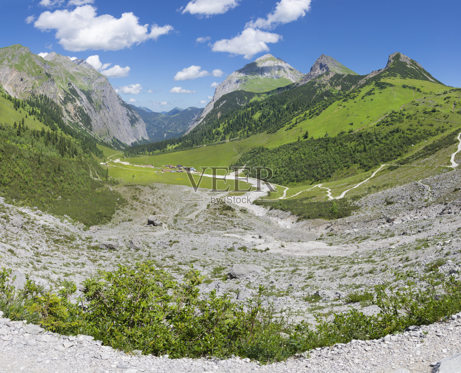 从通往Falkenhutte小屋的路上，Karwendel山脉的草地。照片摄影图片