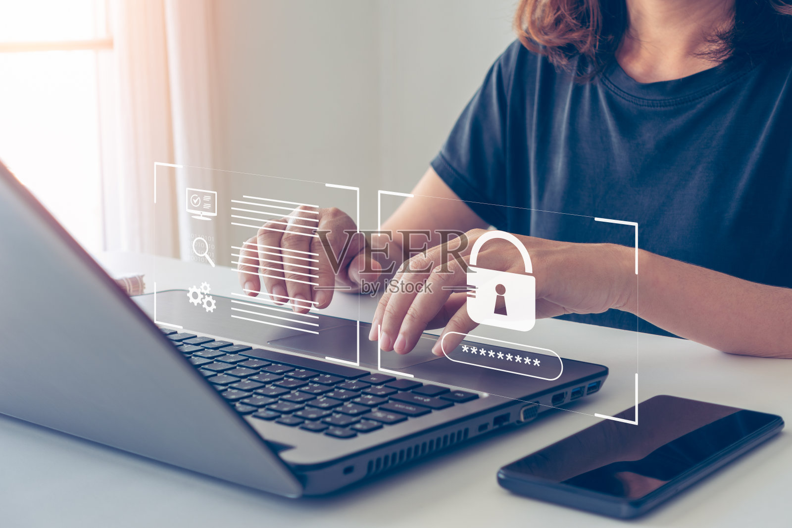 网络安全概念，数字犯罪概念，数据保护免受黑客攻击。用户输入登录和密码，数据保护和安全上网，网络安全。网络空间安全。照片摄影图片