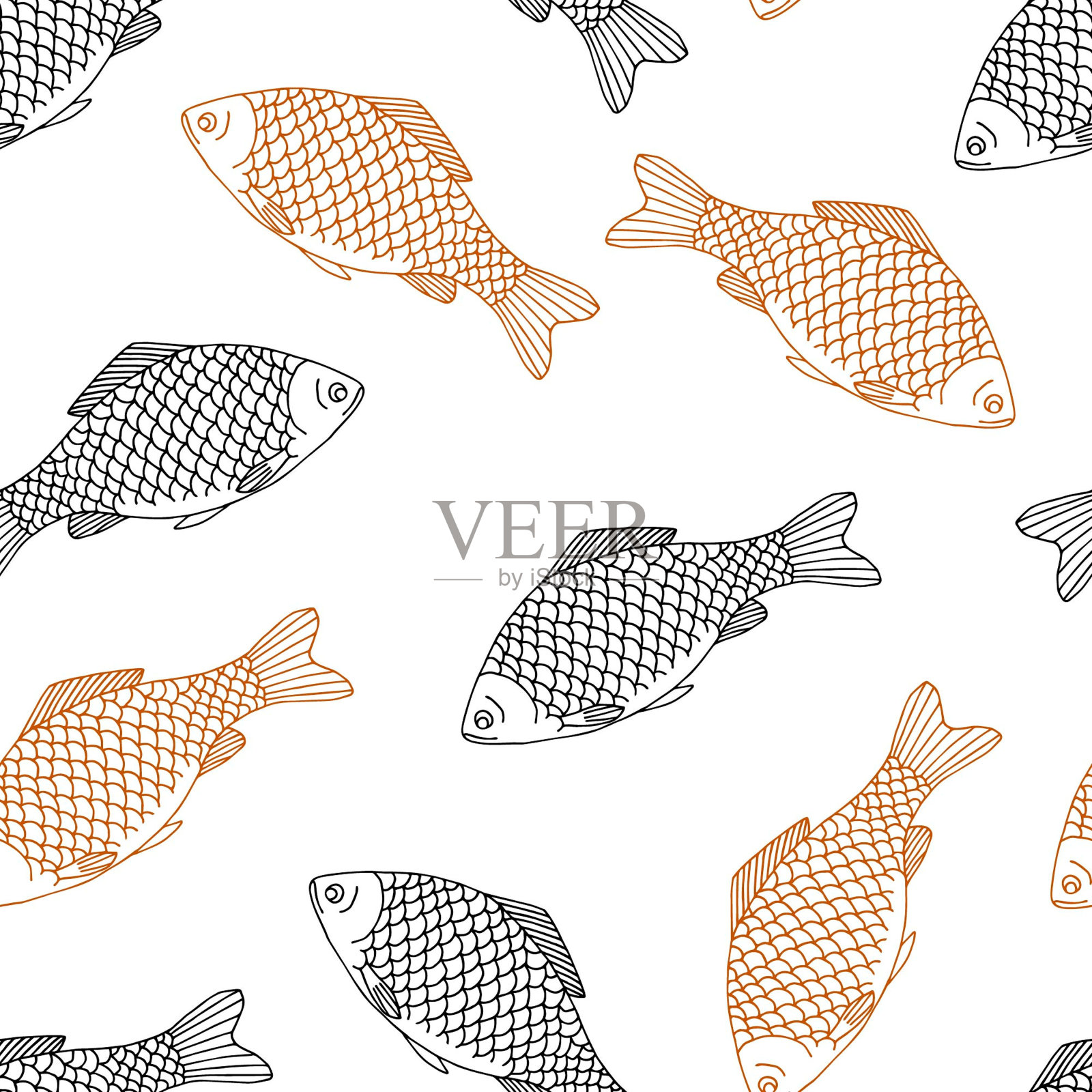 简单的矢量无缝图案与鱼。素描，黑色轮廓图。自然和动物。用于包装印刷品、纸张。插画图片素材