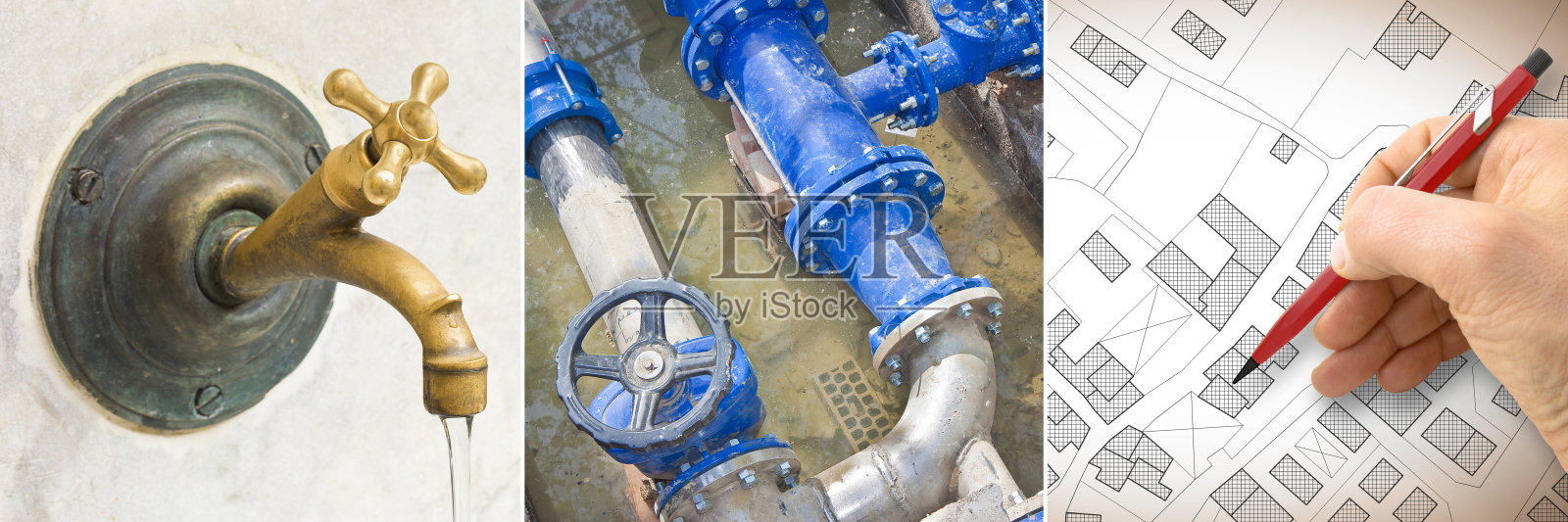 带水龙头的饮用水概念-带有新液压系统的建筑工地-城市地图照片摄影图片