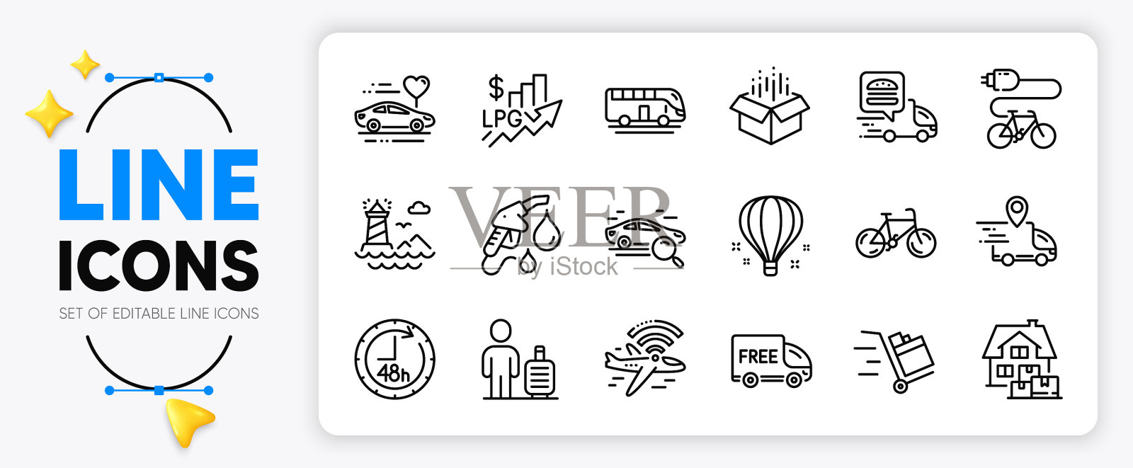 电动自行车巴士游及加油站路线图标素材