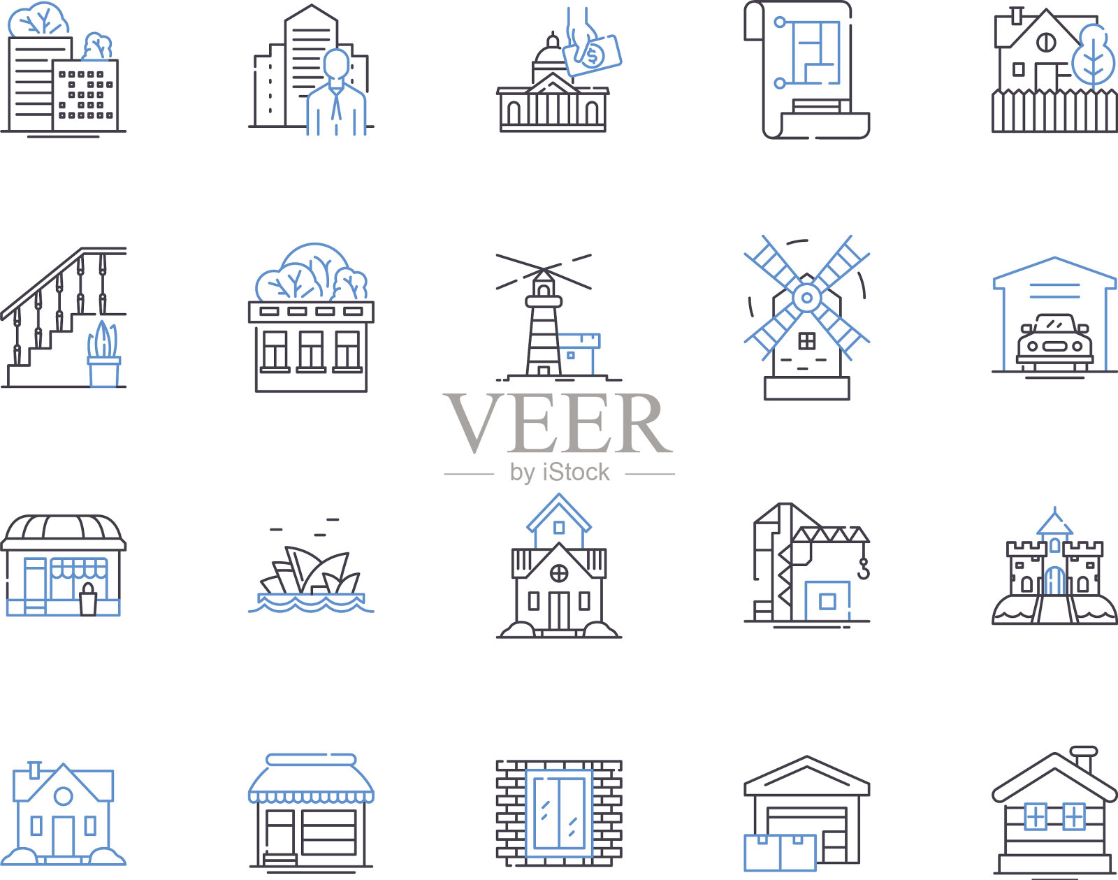 房地产和建筑轮廓图标集合图标素材