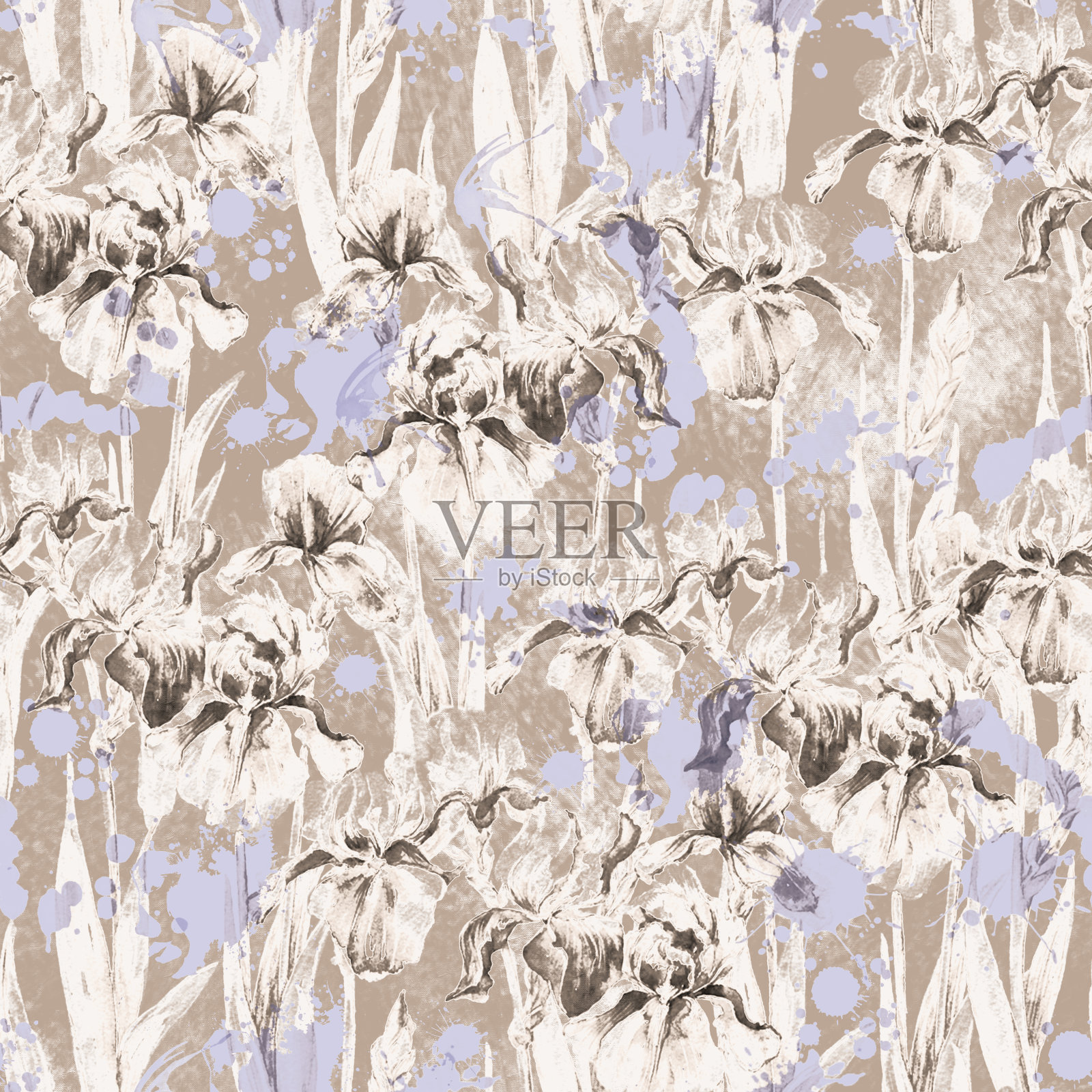 夏季草甸鸢尾花水彩单色无缝图案米色背景插画图片素材